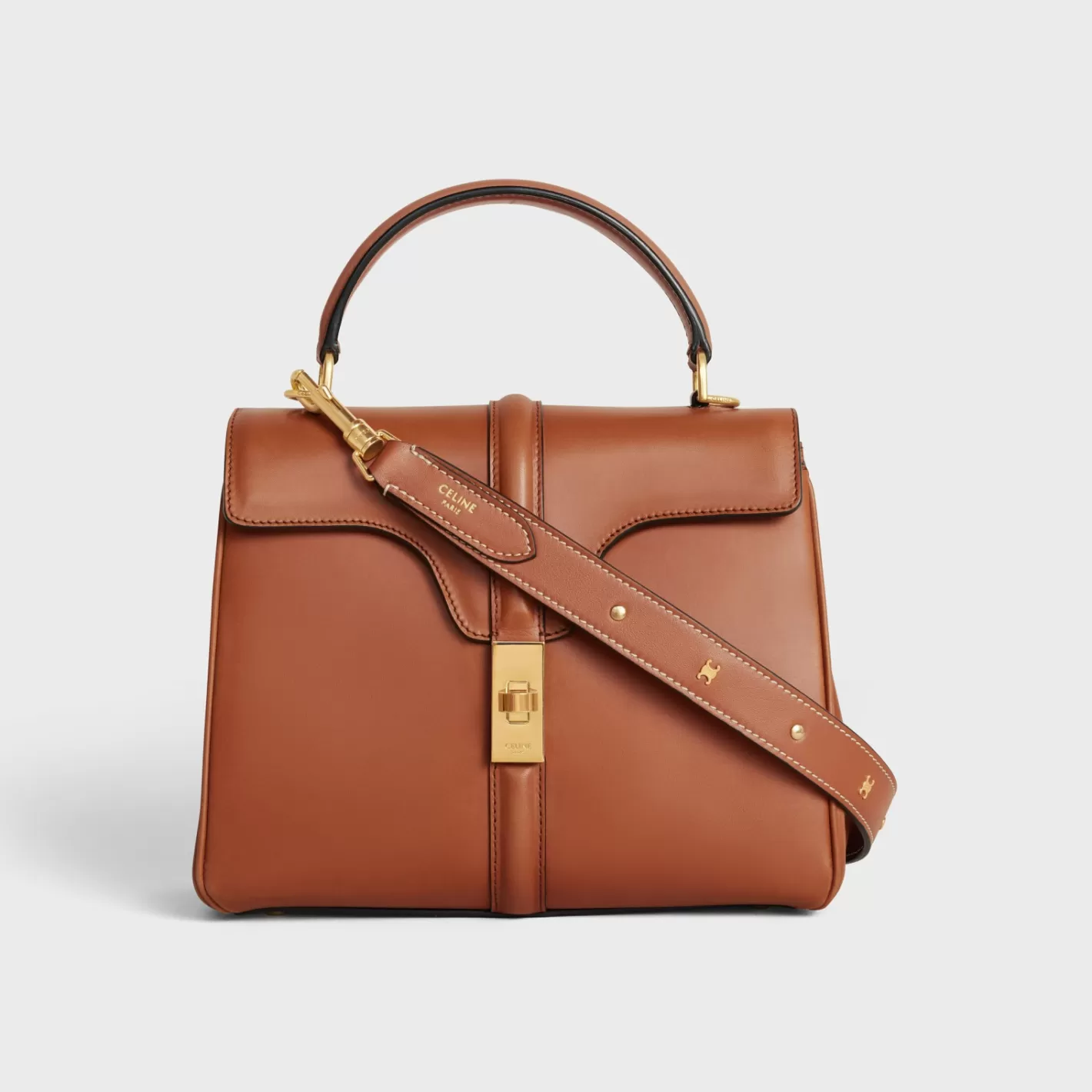 Outlet CELINE LONG STRAP in smooth CALFSKIN WITH TRIOMPHE STUDS with Gold Finishing TAN