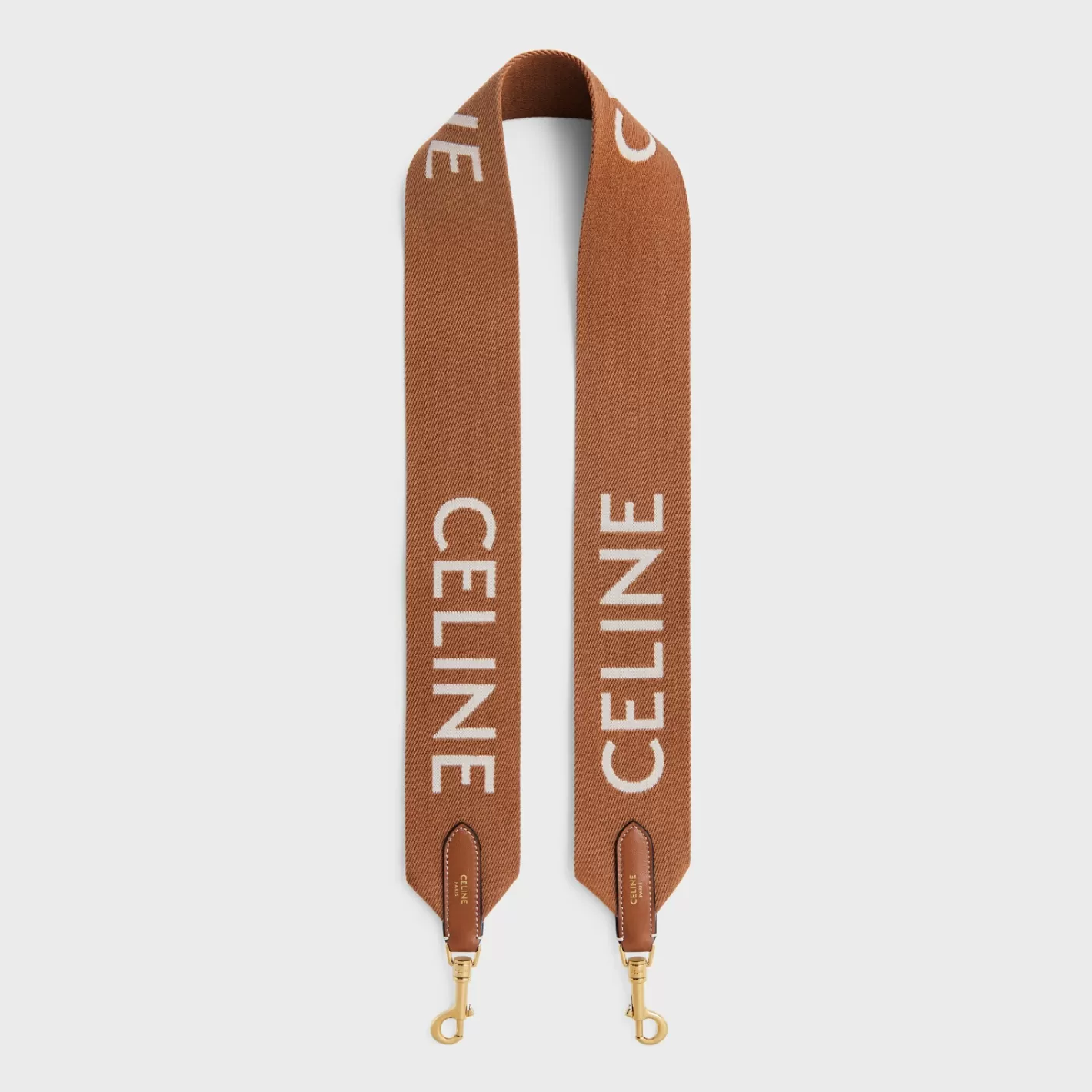 Sale CELINE Long Strap in Wool with jacquard with GOLD FINISHING TAN/WHITE