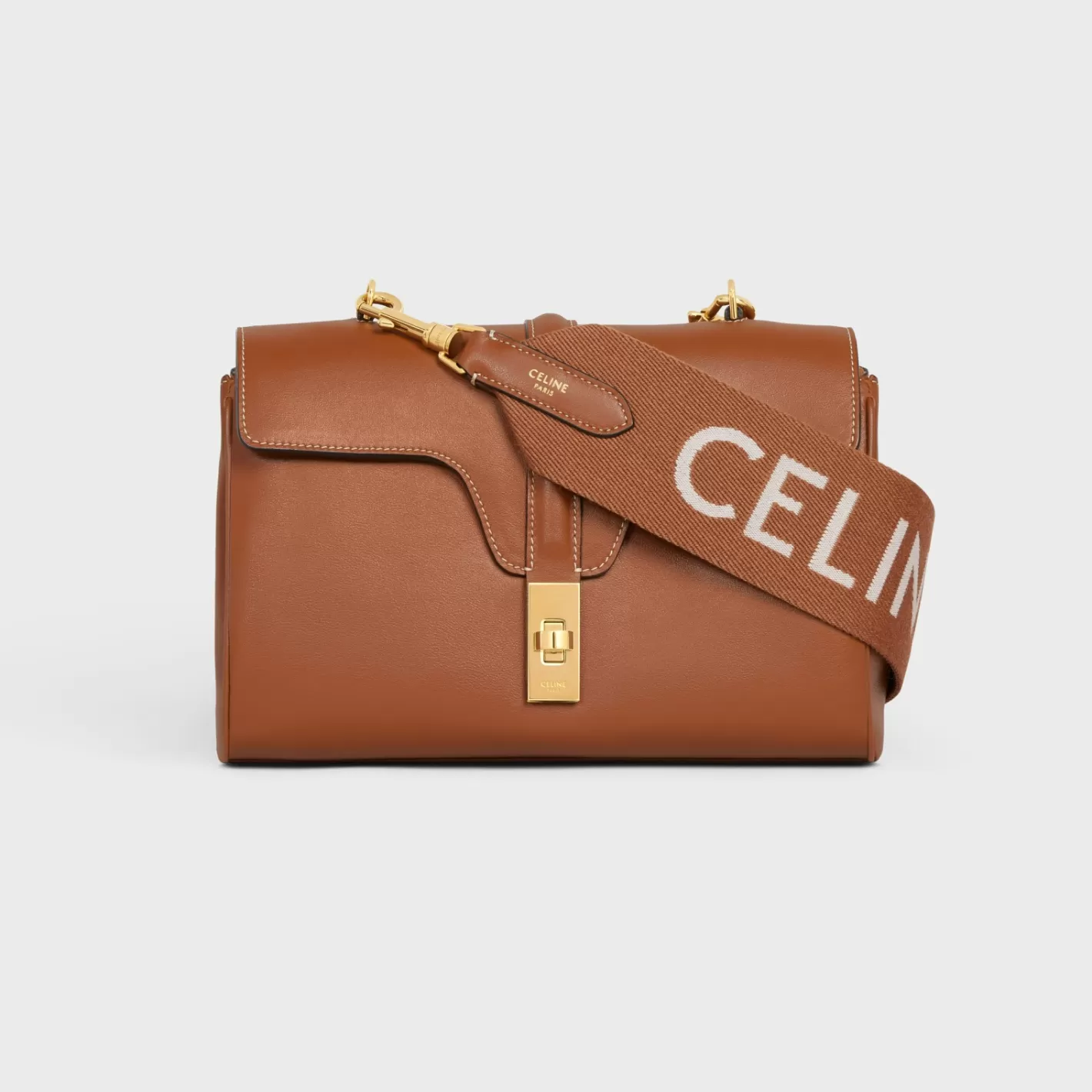 Sale CELINE Long Strap in Wool with jacquard with GOLD FINISHING TAN/WHITE