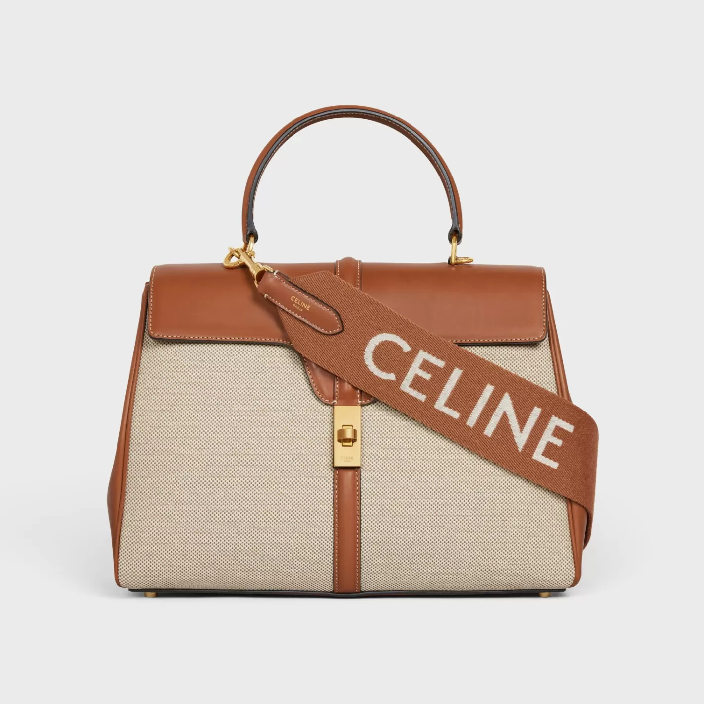 Sale CELINE Long Strap in Wool with jacquard with GOLD FINISHING TAN/WHITE