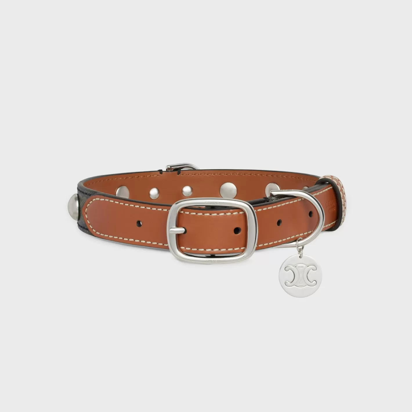 Shop CELINE Medium Large Dog Collar in Triomphe Canvas and Calfskin with Studs TAN