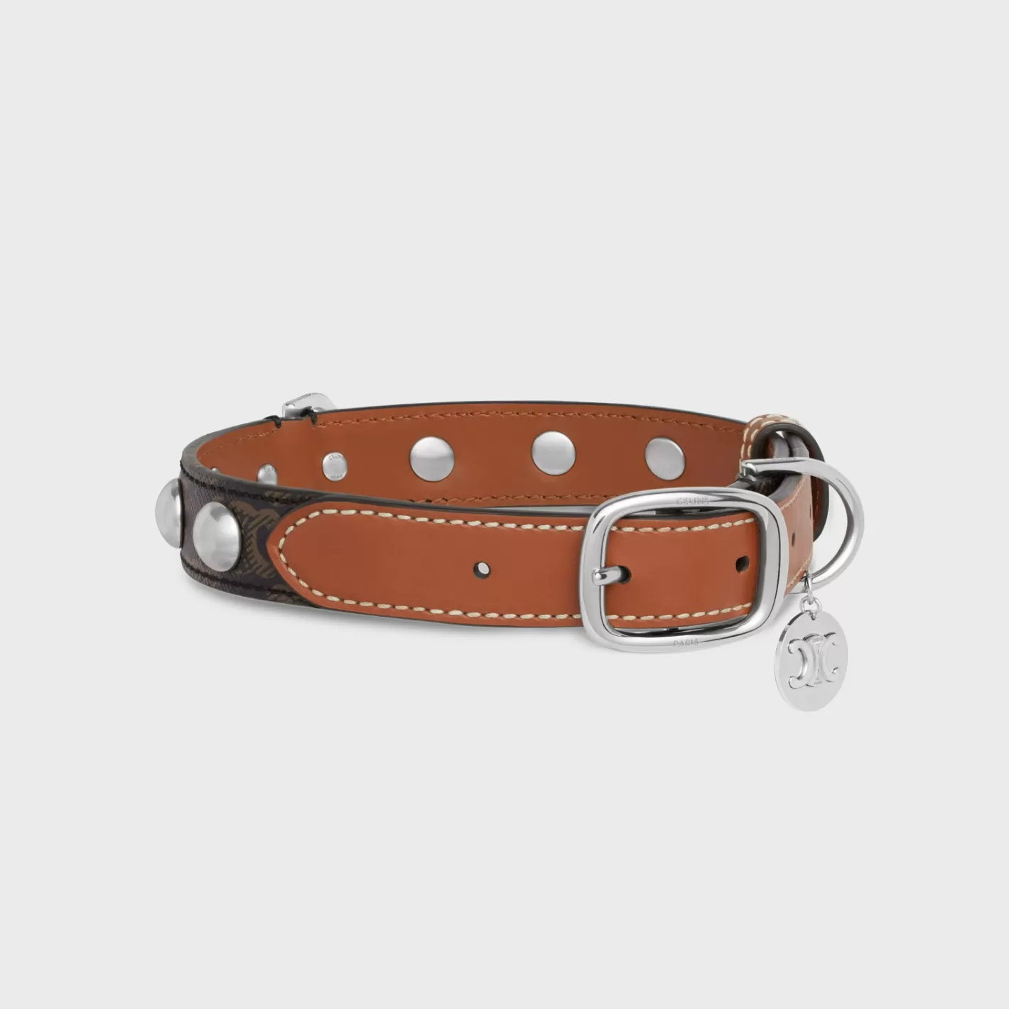 Shop CELINE Medium Large Dog Collar in Triomphe Canvas and Calfskin with Studs TAN