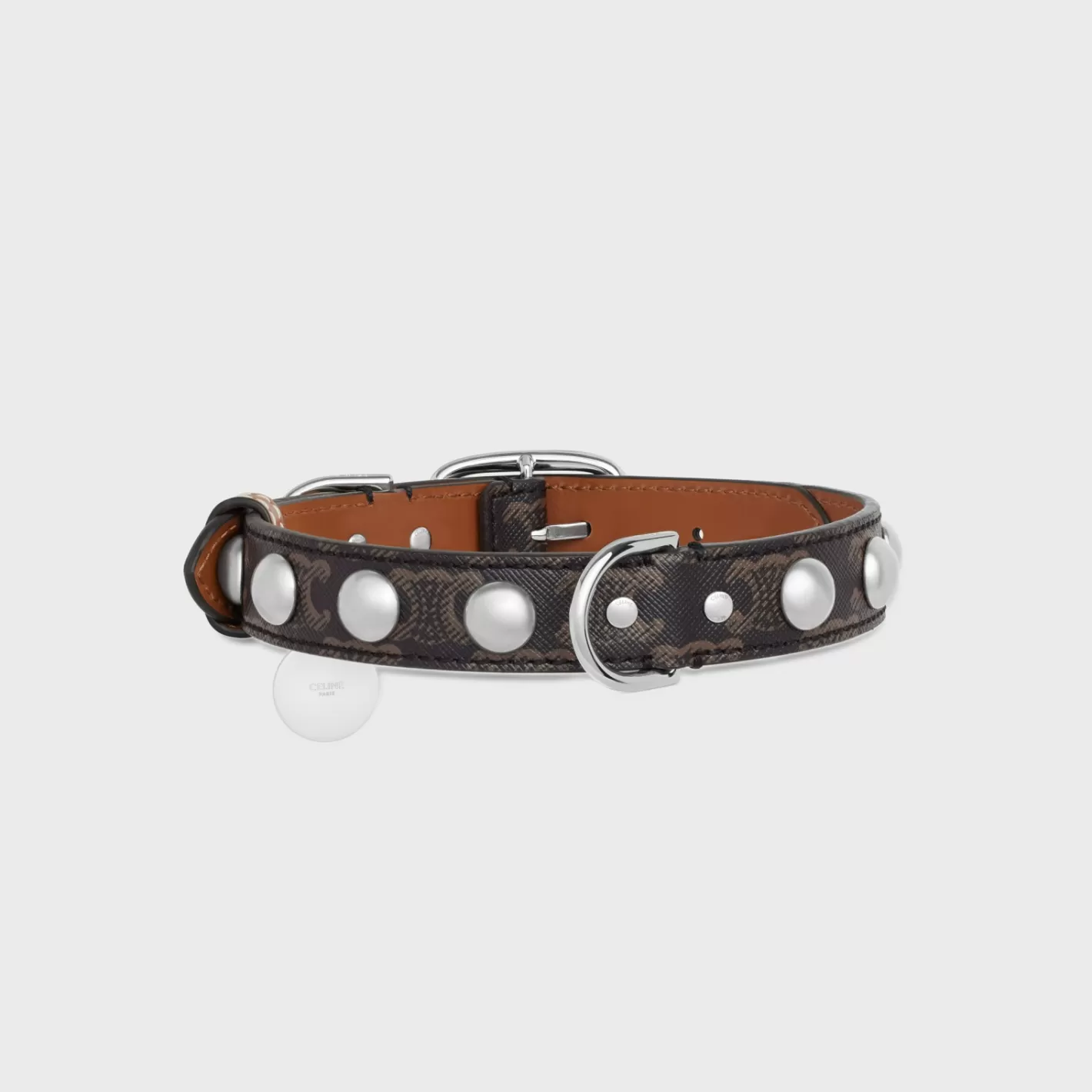 Shop CELINE Medium Large Dog Collar in Triomphe Canvas and Calfskin with Studs TAN