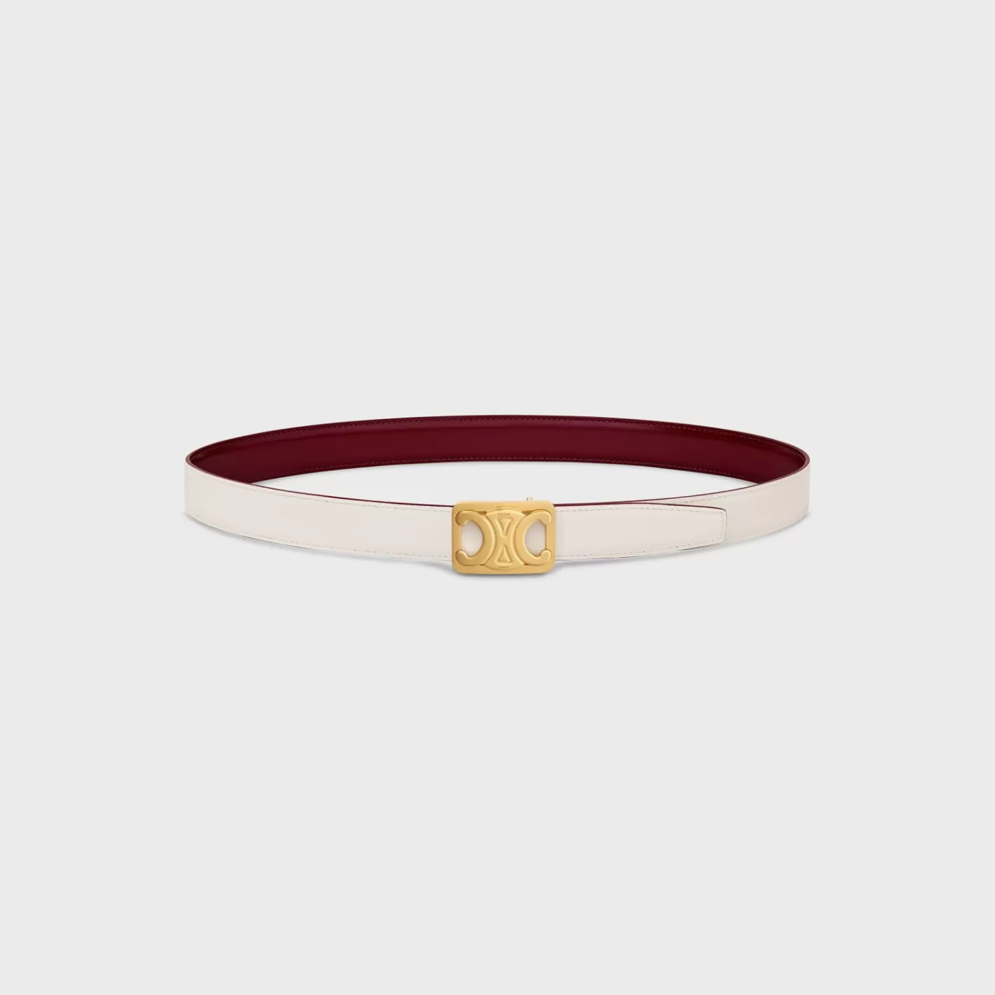 Shop CELINE MEDIUM REVERSIBLE FRAMED TRIOMPHE BELT in TAURILLON AND NATURAL CALFSKIN LIGHTBURGUNDY/WHITECOTTON