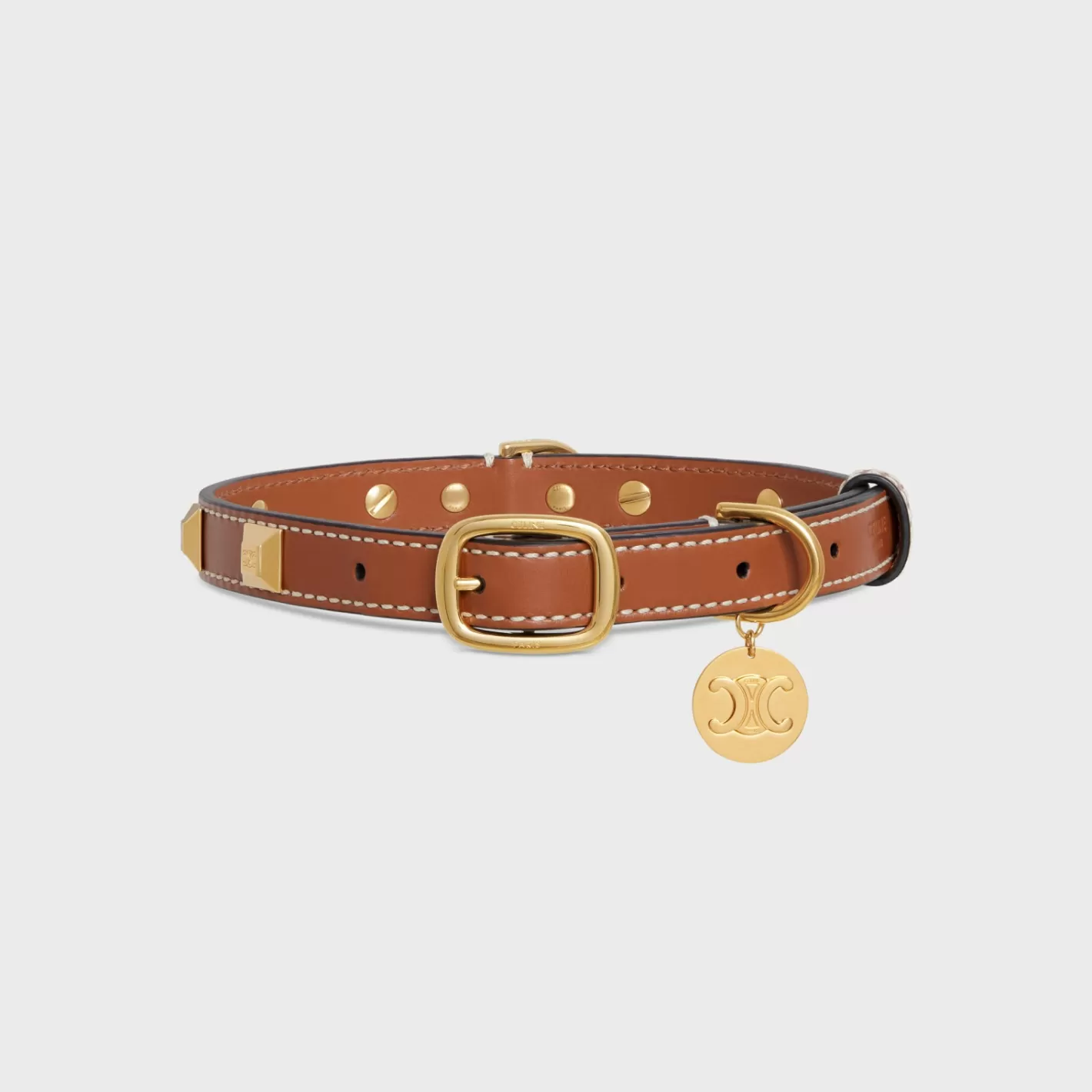 Sale CELINE MEDIUM THIN DOG COLLAR IN SMOOTH CALFSKIN WITH PYRAMID STUDS TAN