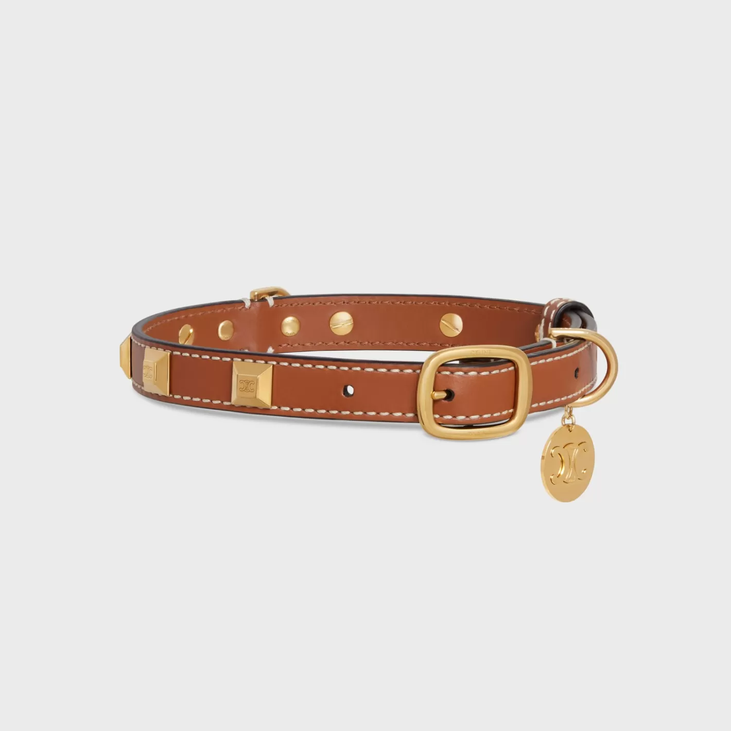 Sale CELINE MEDIUM THIN DOG COLLAR IN SMOOTH CALFSKIN WITH PYRAMID STUDS TAN