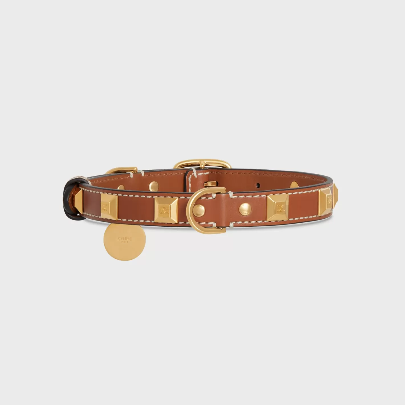 Sale CELINE MEDIUM THIN DOG COLLAR IN SMOOTH CALFSKIN WITH PYRAMID STUDS TAN