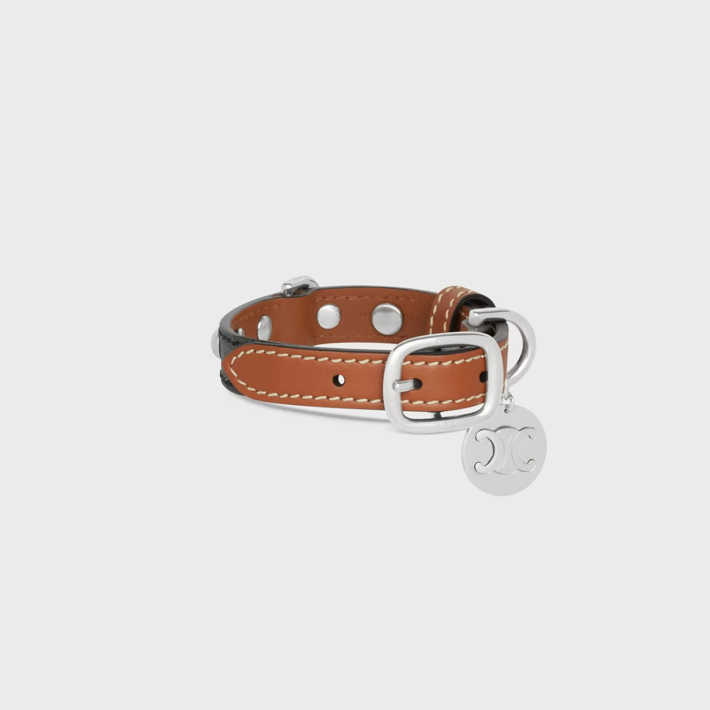Fashion CELINE Nano Extra Thin Dog Collar in Triomphe Canvas and Calfskin with studs TAN