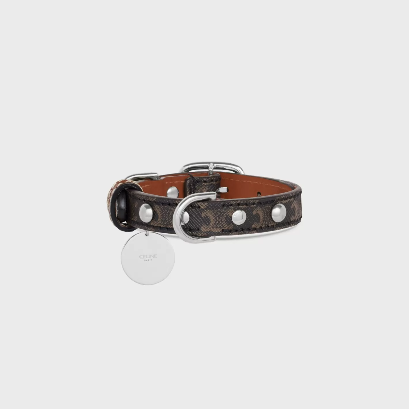 Fashion CELINE Nano Extra Thin Dog Collar in Triomphe Canvas and Calfskin with studs TAN