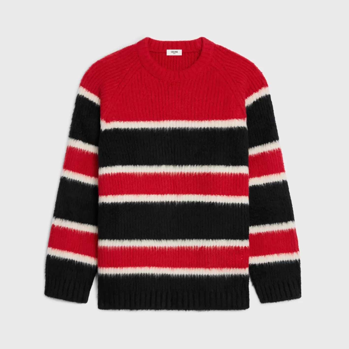 Discount CELINE oversized crew neck sweater in brushed striped cotton BLACK/OFFWHITE/RED