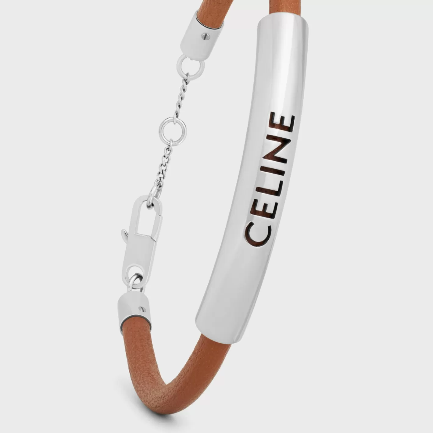 Fashion CELINE Plein Soleil Bracelet in Calfskin and Brass with Rhodium Finish SILVER/TAN