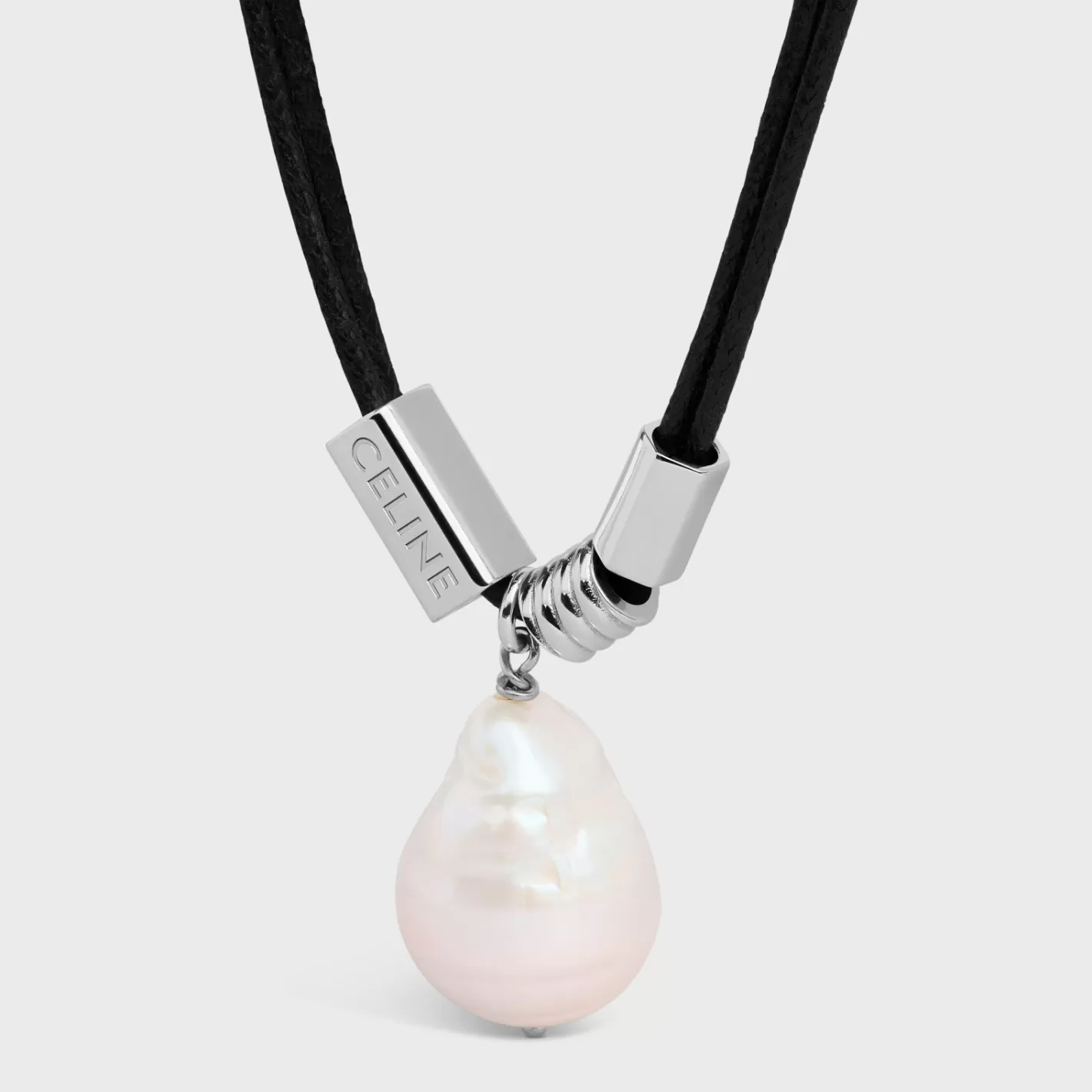 Outlet CELINE San Onofre Baroque Pearl Necklace in Cultured Pearl, Cotton and Brass with Rhodium Finish IVORY/SILVER