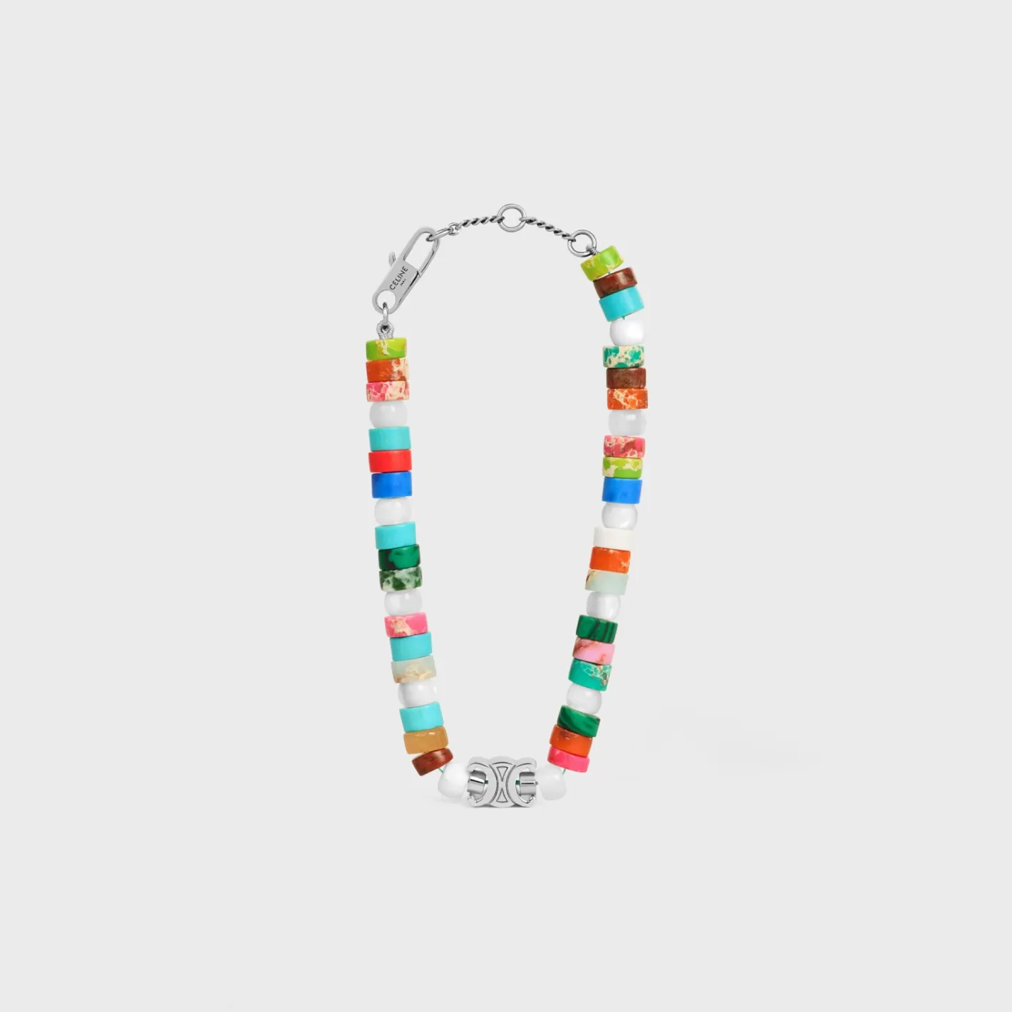 New CELINE San Onofre Chunky Triomphe Bracelet in Natural Stones and Brass with Rhodium Finish MULTICOLOR/SILVER