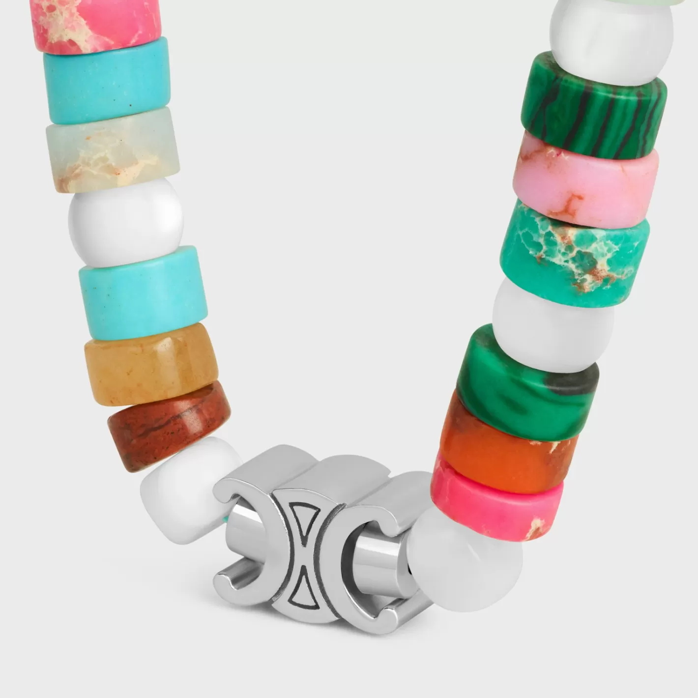 New CELINE San Onofre Chunky Triomphe Bracelet in Natural Stones and Brass with Rhodium Finish MULTICOLOR/SILVER