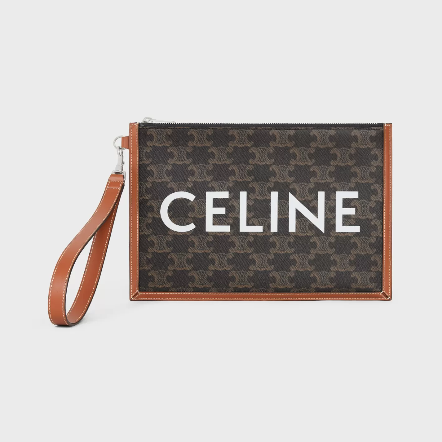 Online CELINE SMALL FLAT POUCH WITH STRAP in Triomphe canvas with print TAN