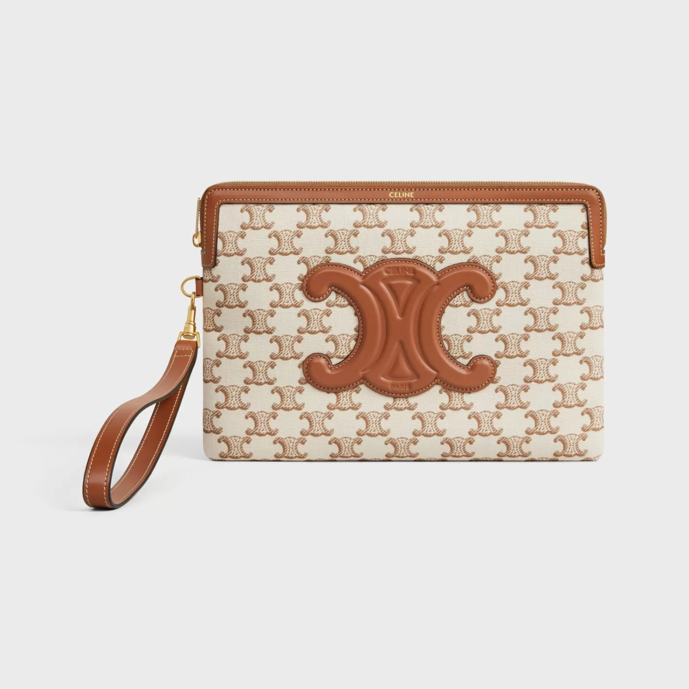 Flash Sale CELINE SMALL POUCH WITH STRAP in TEXTILE WITH TRIOMPHE PRINT AND CALFSKIN WHITE