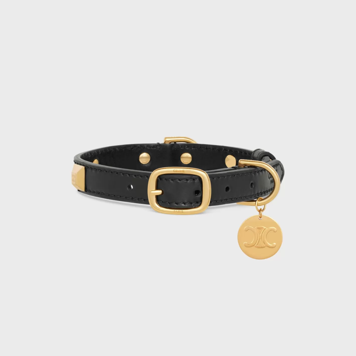 Discount CELINE Small Thin Dog Collar in smooth Calfskin with pyramid studs BLACK