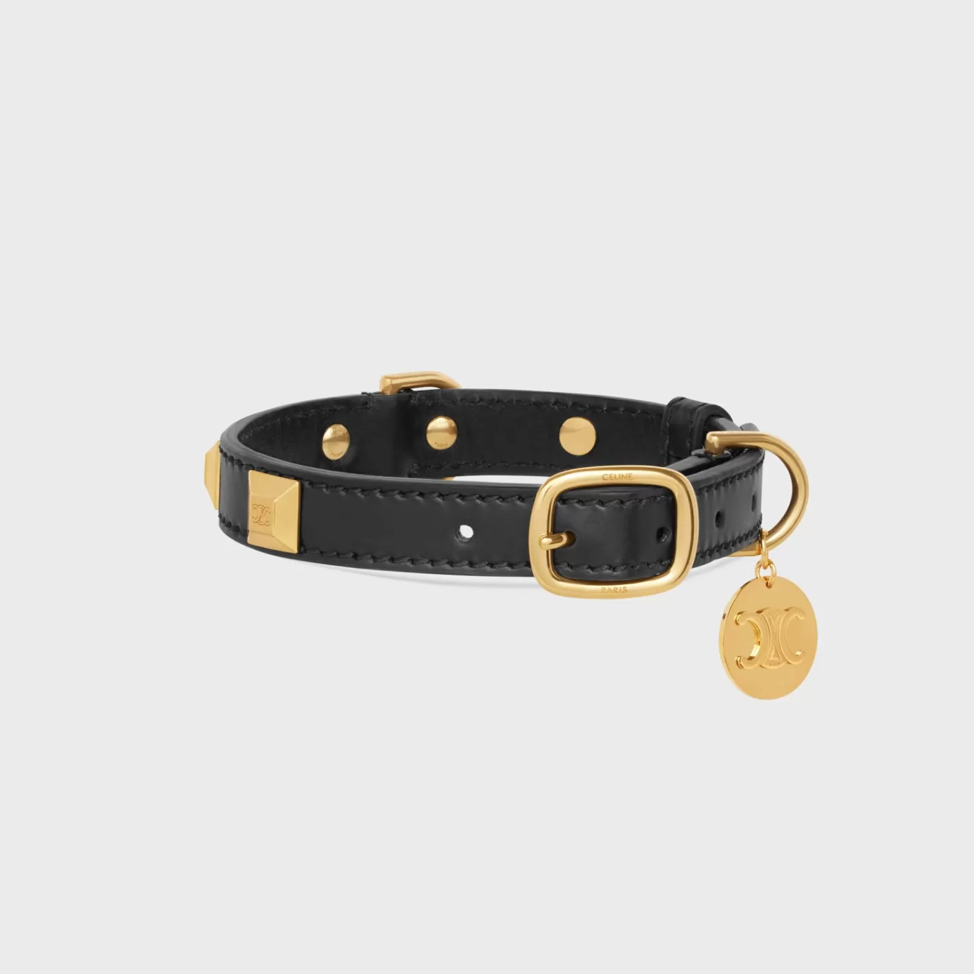 Discount CELINE Small Thin Dog Collar in smooth Calfskin with pyramid studs BLACK
