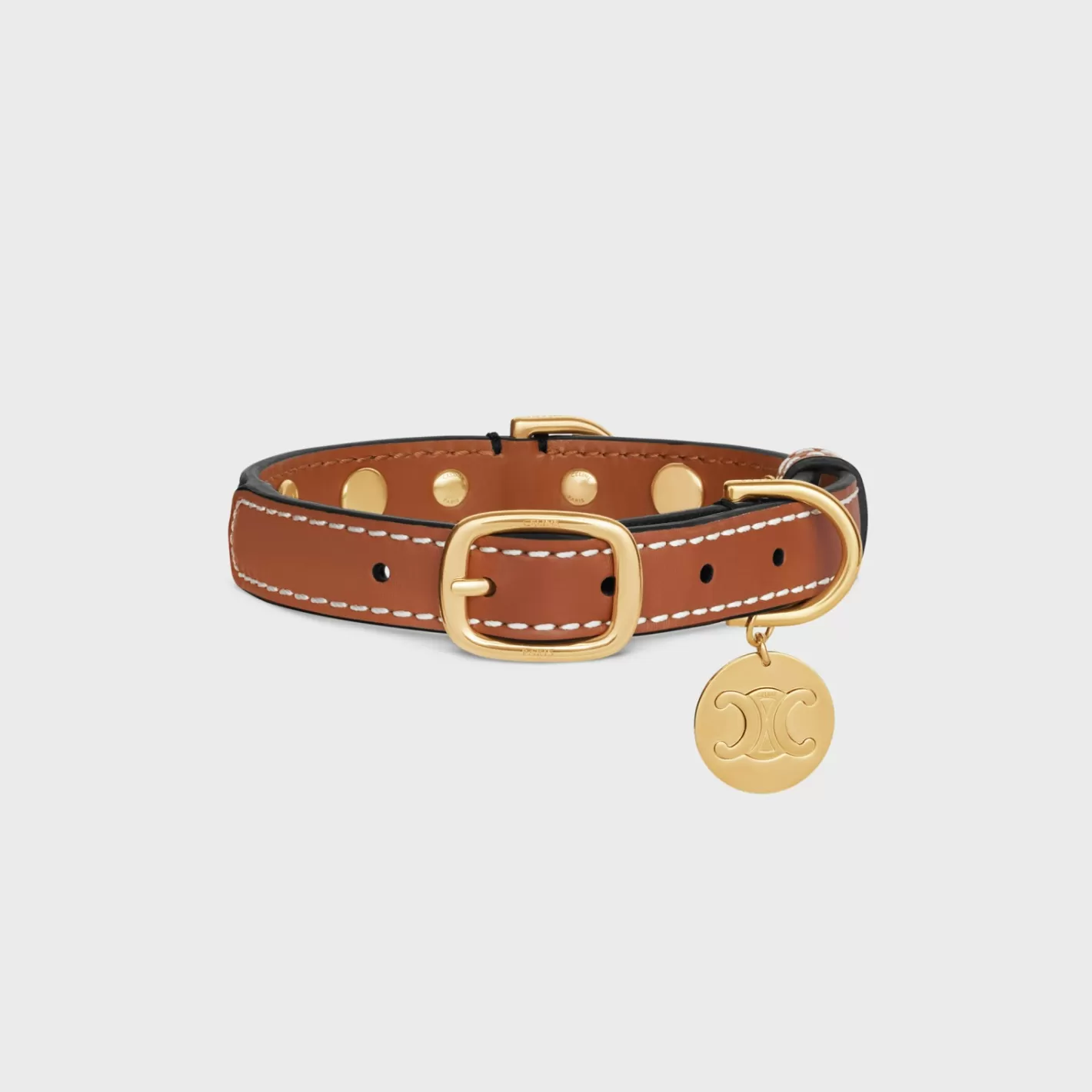 Clearance CELINE Small Thin Dog Collar in Triomphe Canvas & Calfskin with studs TAN