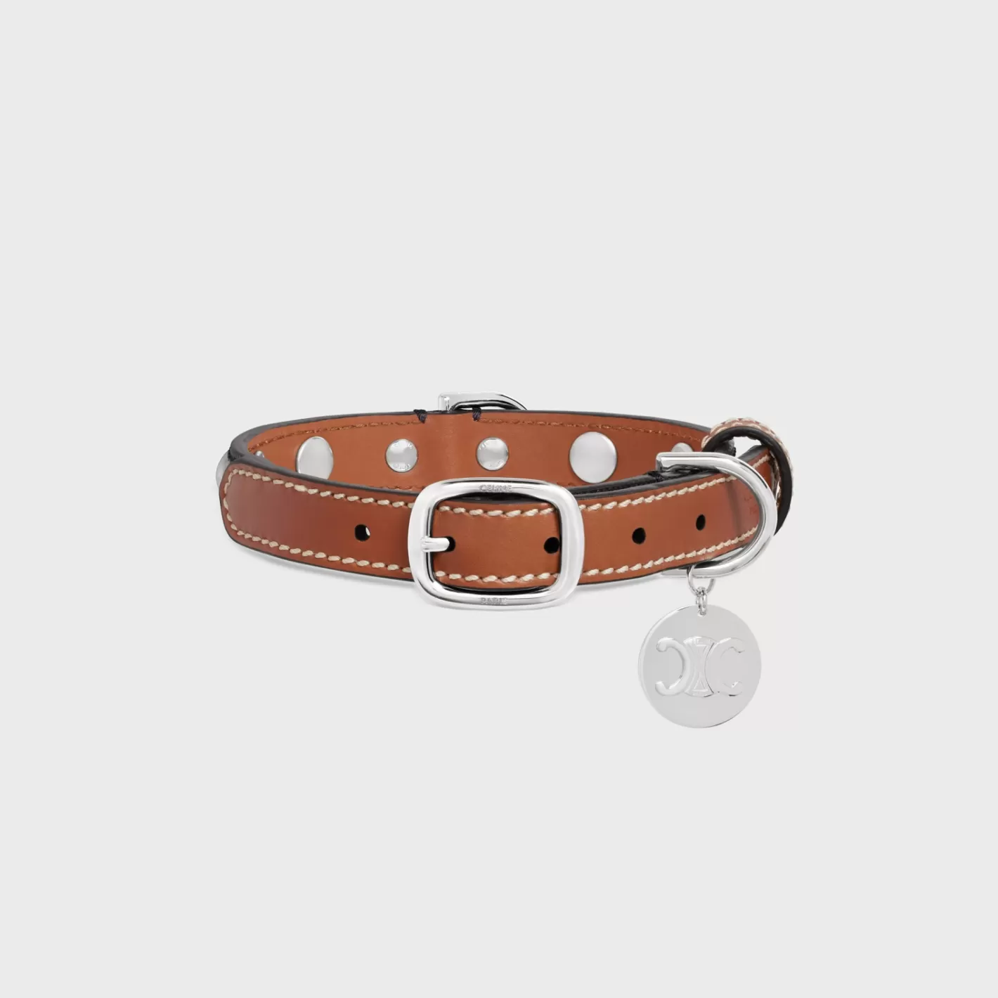 Store CELINE Small Thin Dog Collar in Triomphe Canvas & Calfskin with studs TAN
