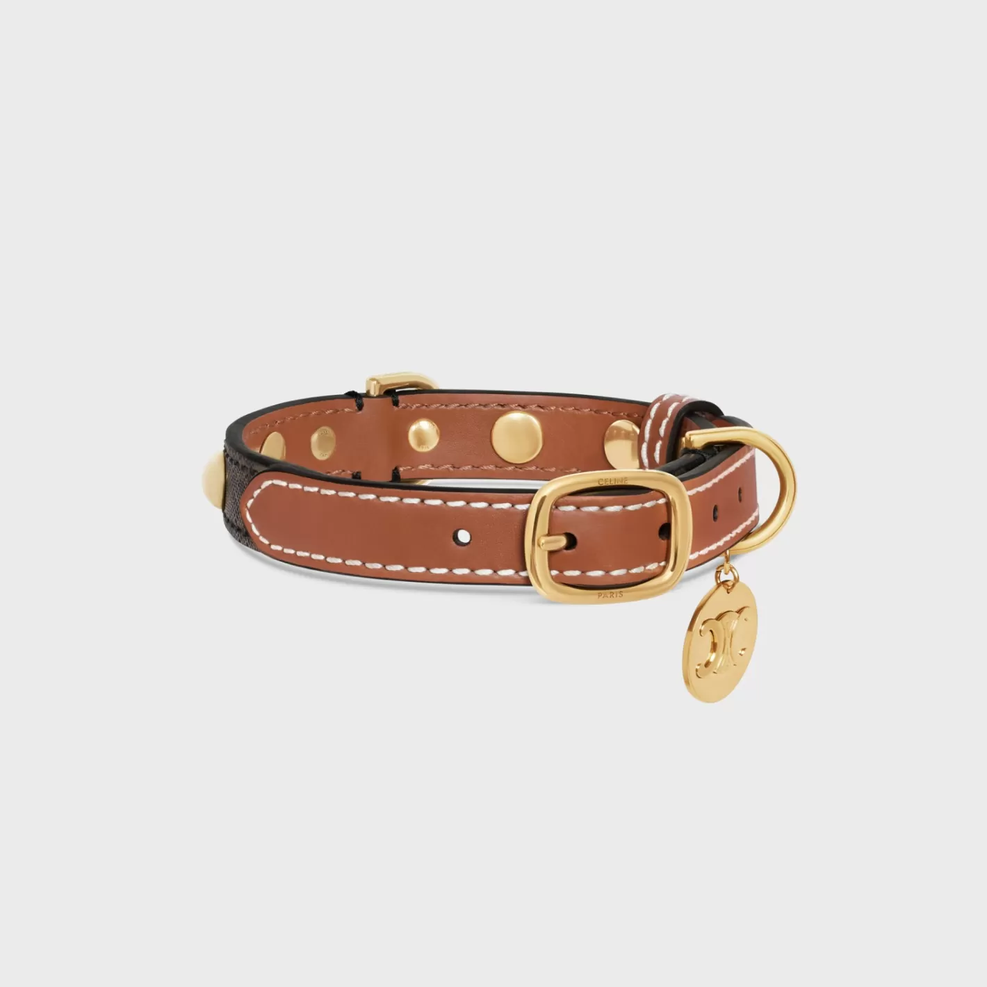 Clearance CELINE Small Thin Dog Collar in Triomphe Canvas & Calfskin with studs TAN