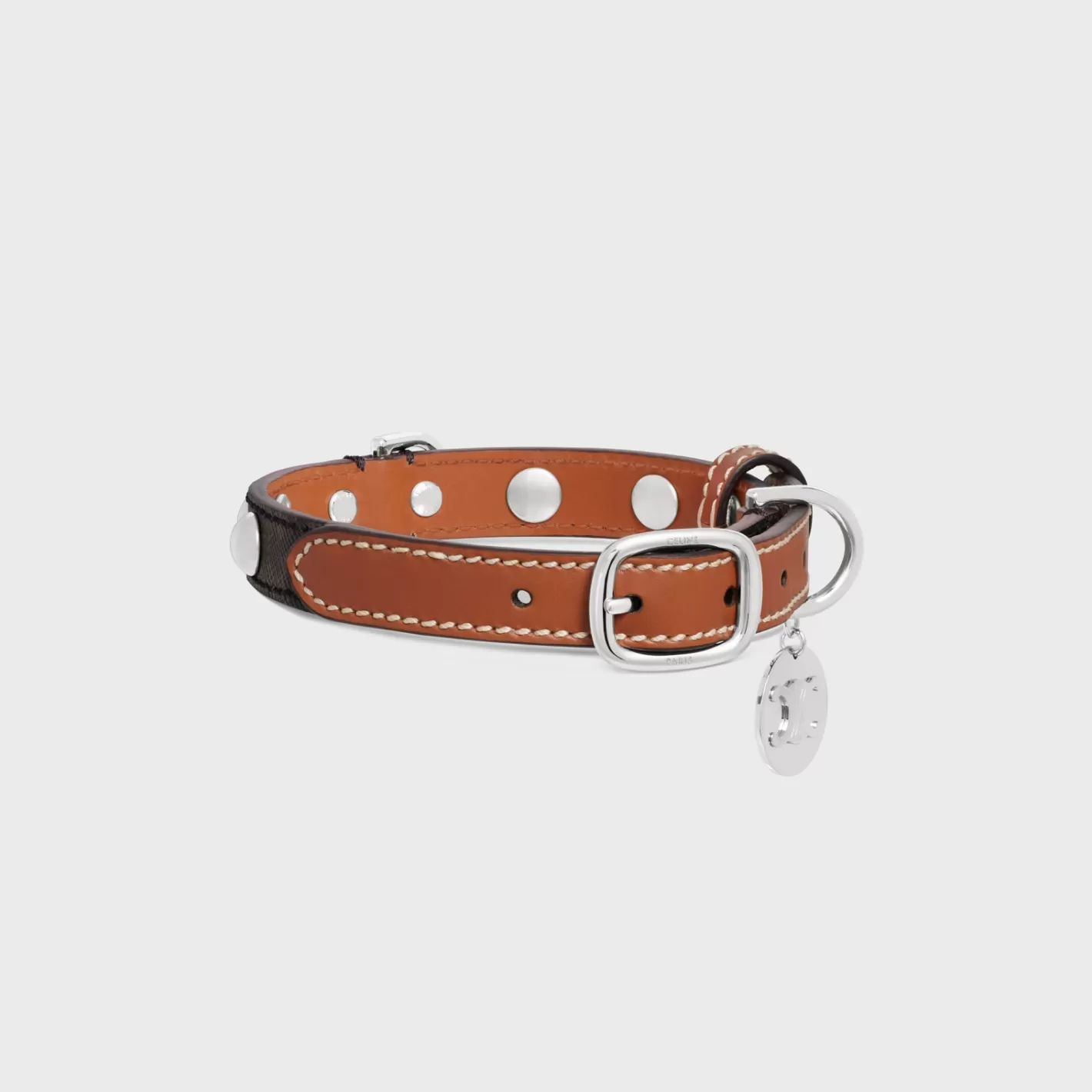 Store CELINE Small Thin Dog Collar in Triomphe Canvas & Calfskin with studs TAN