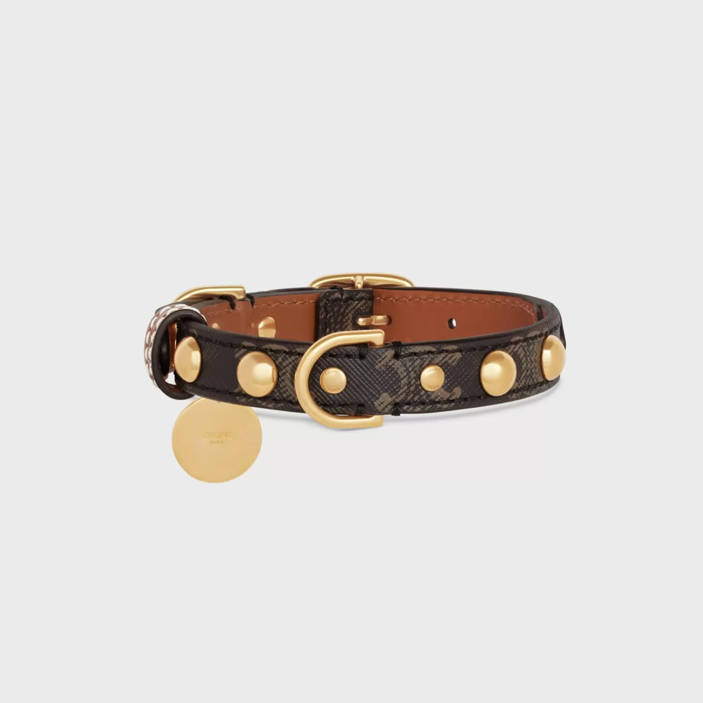 Clearance CELINE Small Thin Dog Collar in Triomphe Canvas & Calfskin with studs TAN