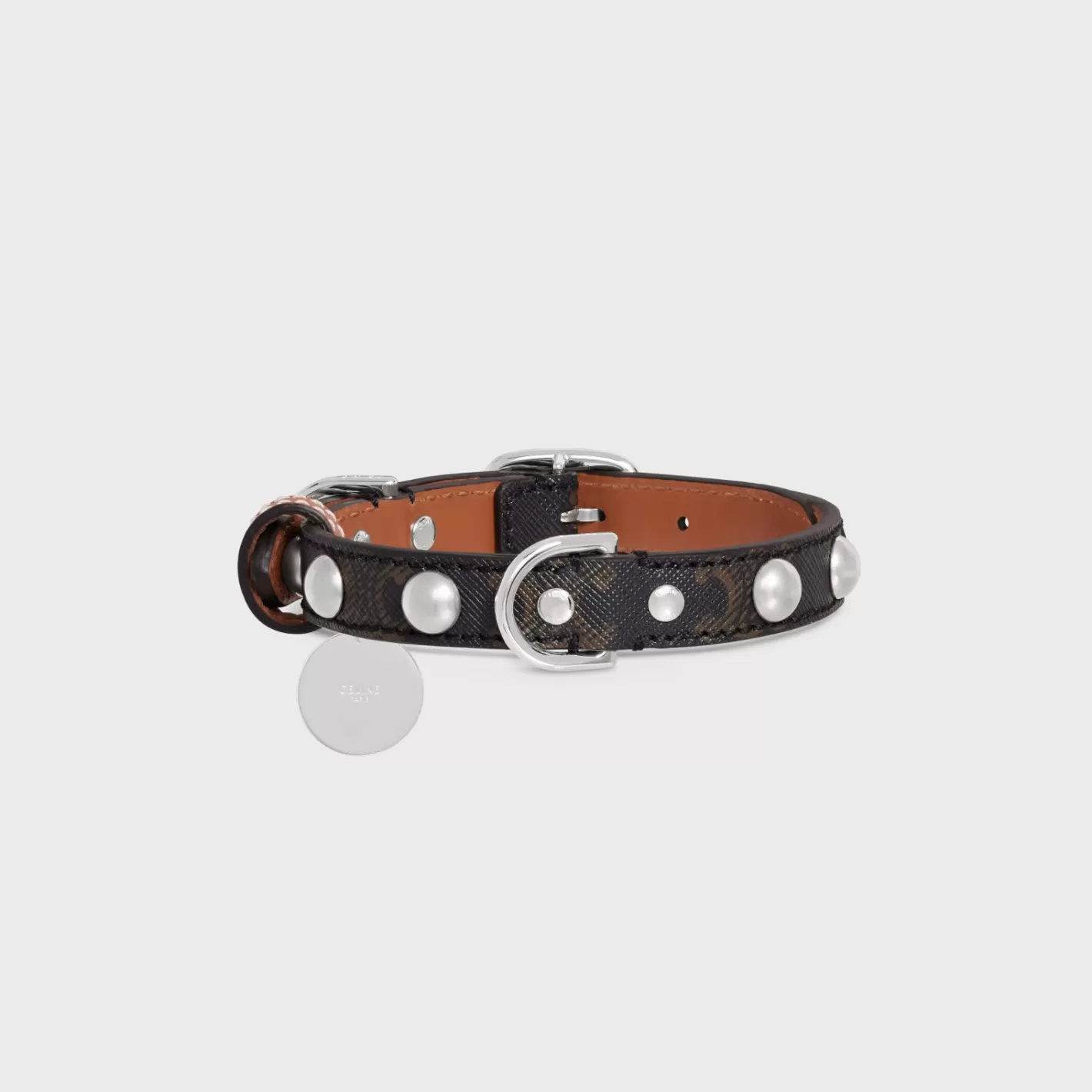 Store CELINE Small Thin Dog Collar in Triomphe Canvas & Calfskin with studs TAN