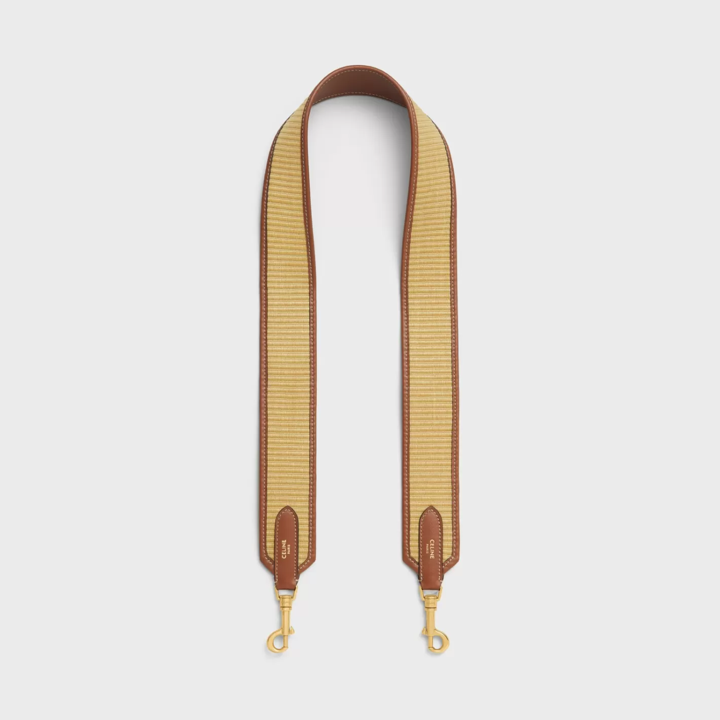 Fashion CELINE STRAP in raffia effect textile and calfskin with GOLD FINISHING NATURAL/TAN