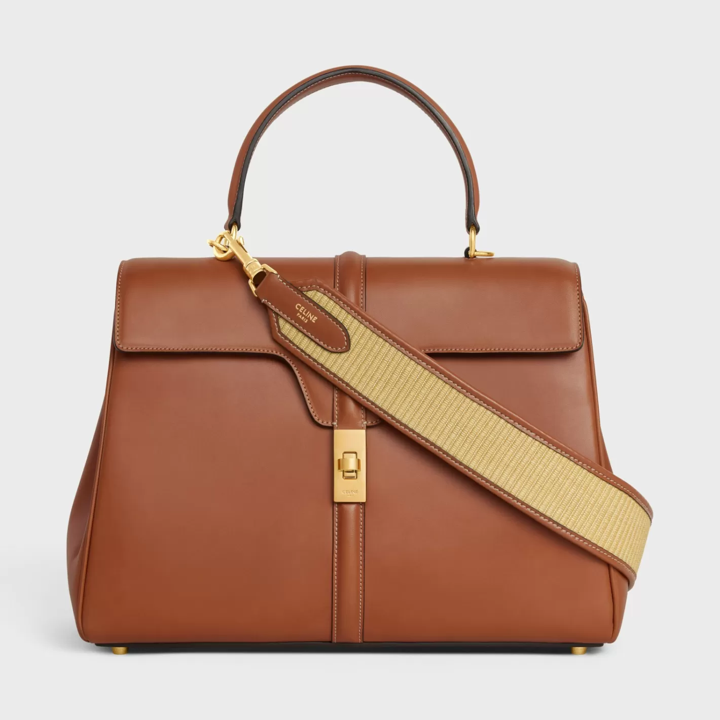Fashion CELINE STRAP in raffia effect textile and calfskin with GOLD FINISHING NATURAL/TAN