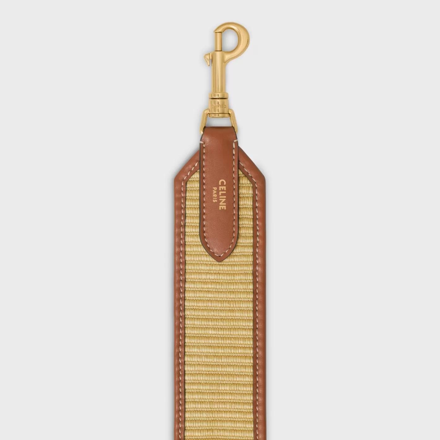 Fashion CELINE STRAP in raffia effect textile and calfskin with GOLD FINISHING NATURAL/TAN
