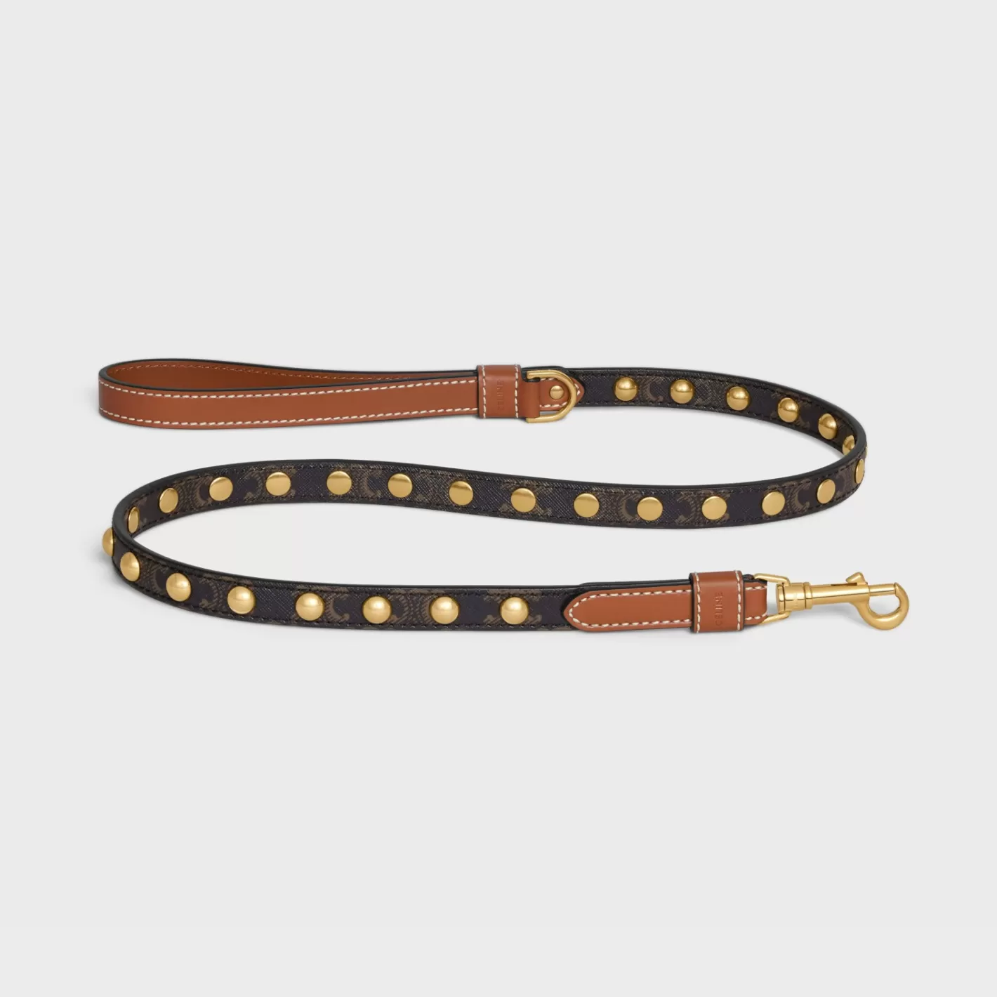 Best Sale CELINE Thin Dog Leash in Triomphe Canvas and Calfskin with studs TAN