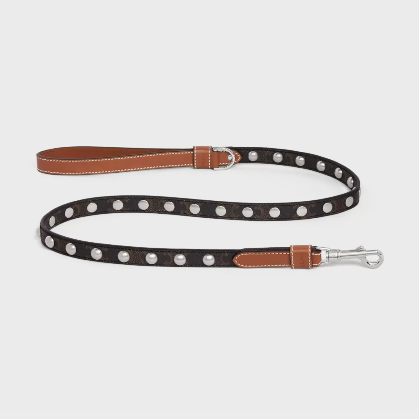 Online CELINE Thin Dog Leash in Triomphe Canvas and Calfskin with studs TAN