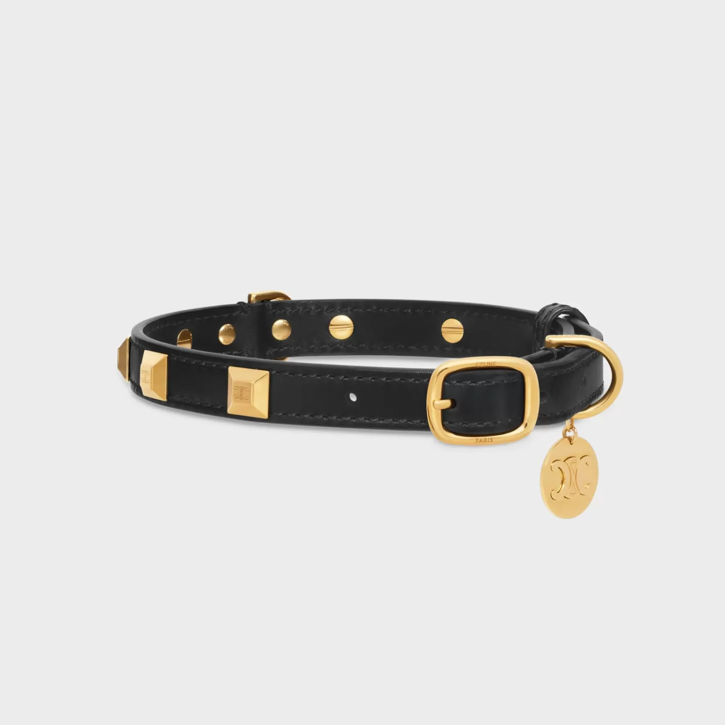 Sale CELINE Thin Medium Dog Collar in smooth Calfskin with pyramid studs BLACK