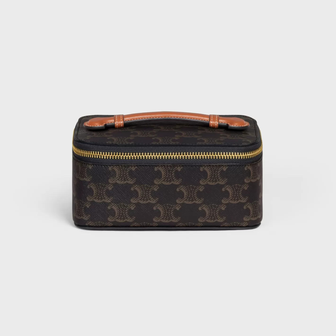 Clearance CELINE Top Handle Small Toiletry Case in Triomphe Canvas and Calfskin TAN