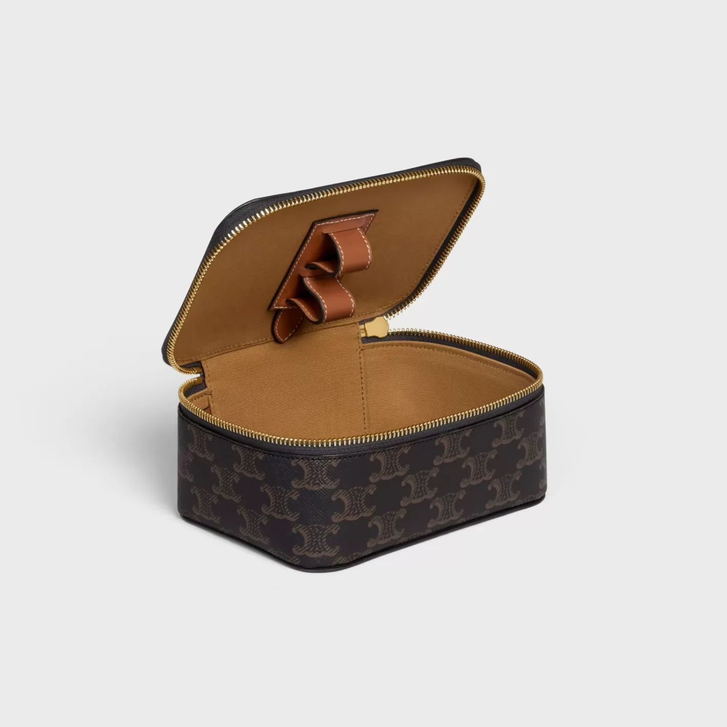 Clearance CELINE Top Handle Small Toiletry Case in Triomphe Canvas and Calfskin TAN