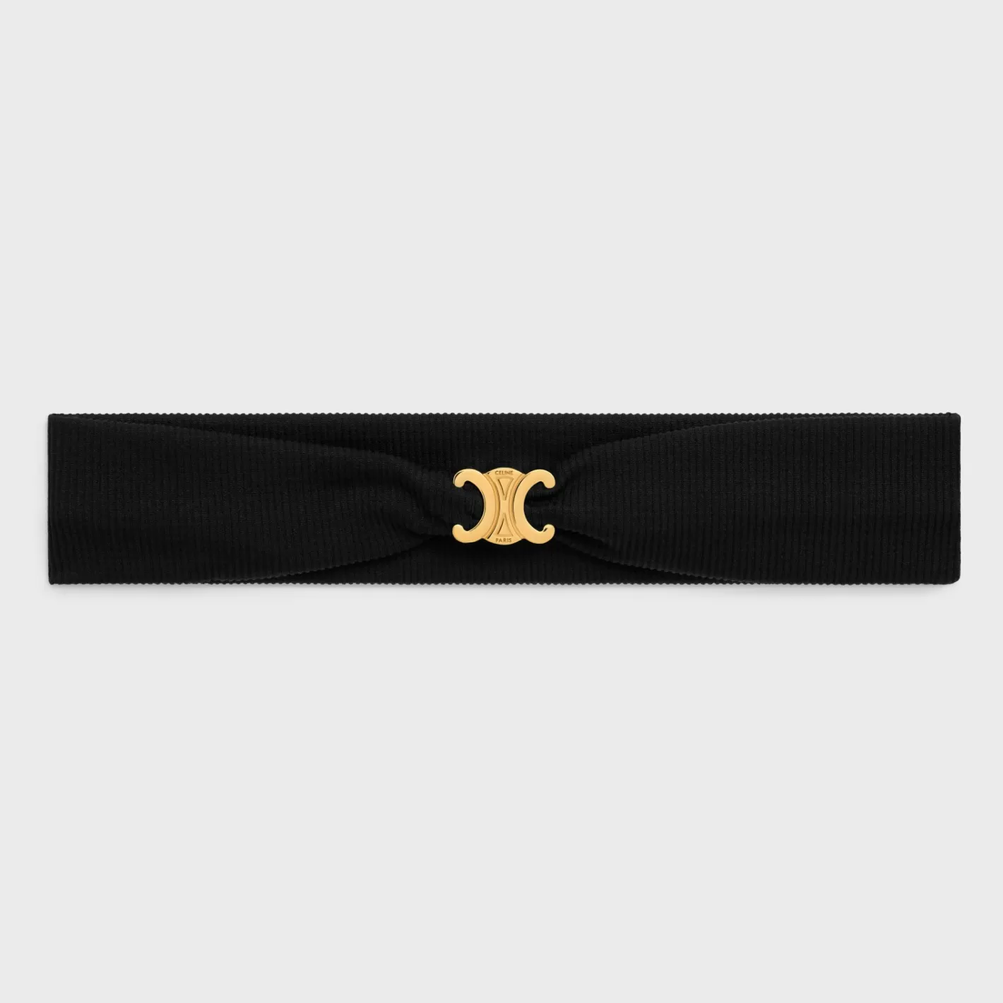 Shop CELINE Triomphe Athletic Headband in Polyamide, Elastane and Brass with Gold Finish Black/Gold&Smoke