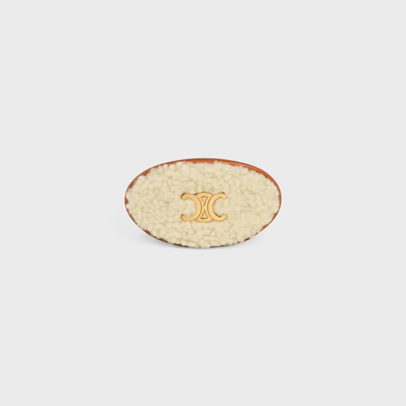 Cheap CELINE Triomphe Hair Clip in Shearling, Calfskin, Brass with Gold Finish and Steel WHITE/TAN/GOLD