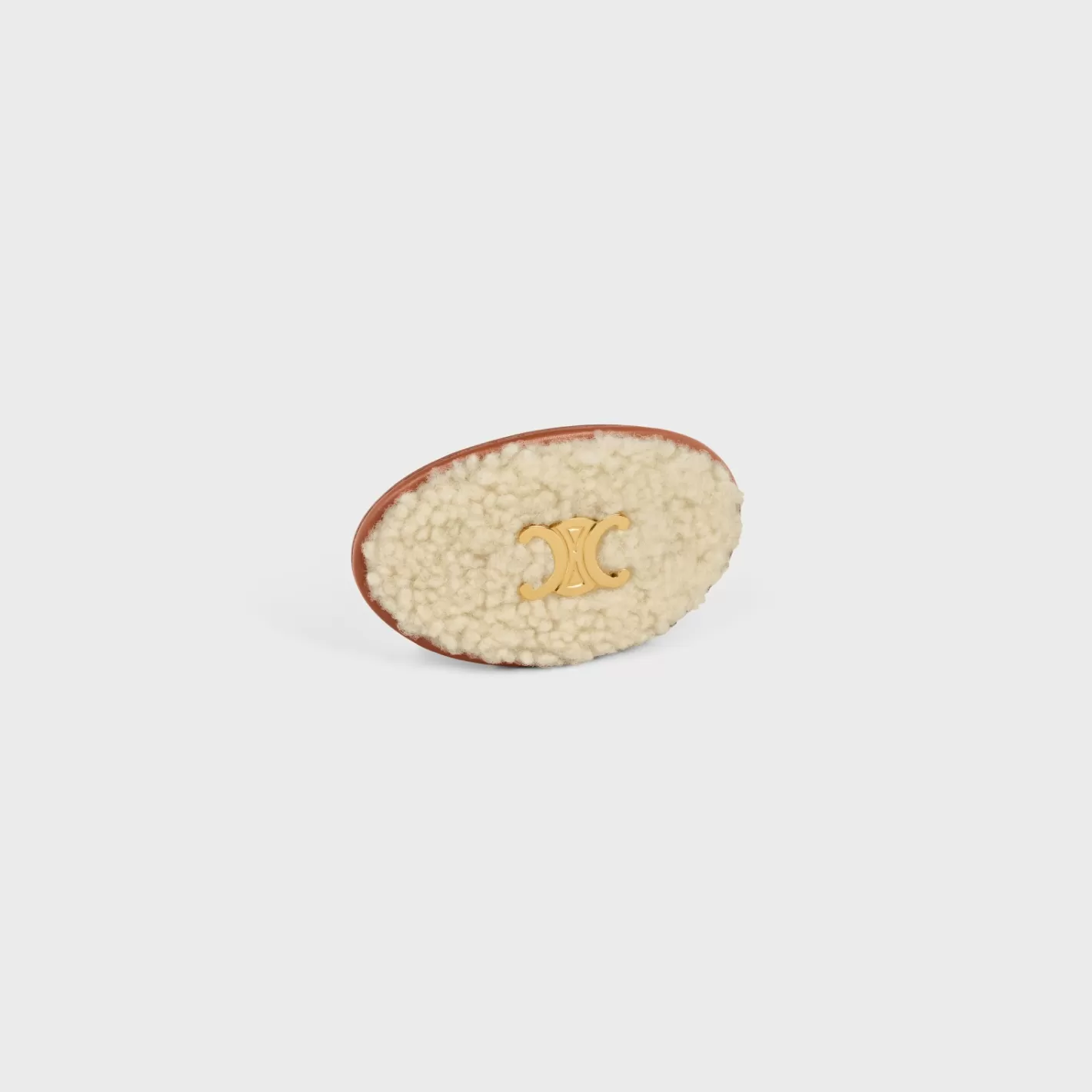 Cheap CELINE Triomphe Hair Clip in Shearling, Calfskin, Brass with Gold Finish and Steel WHITE/TAN/GOLD