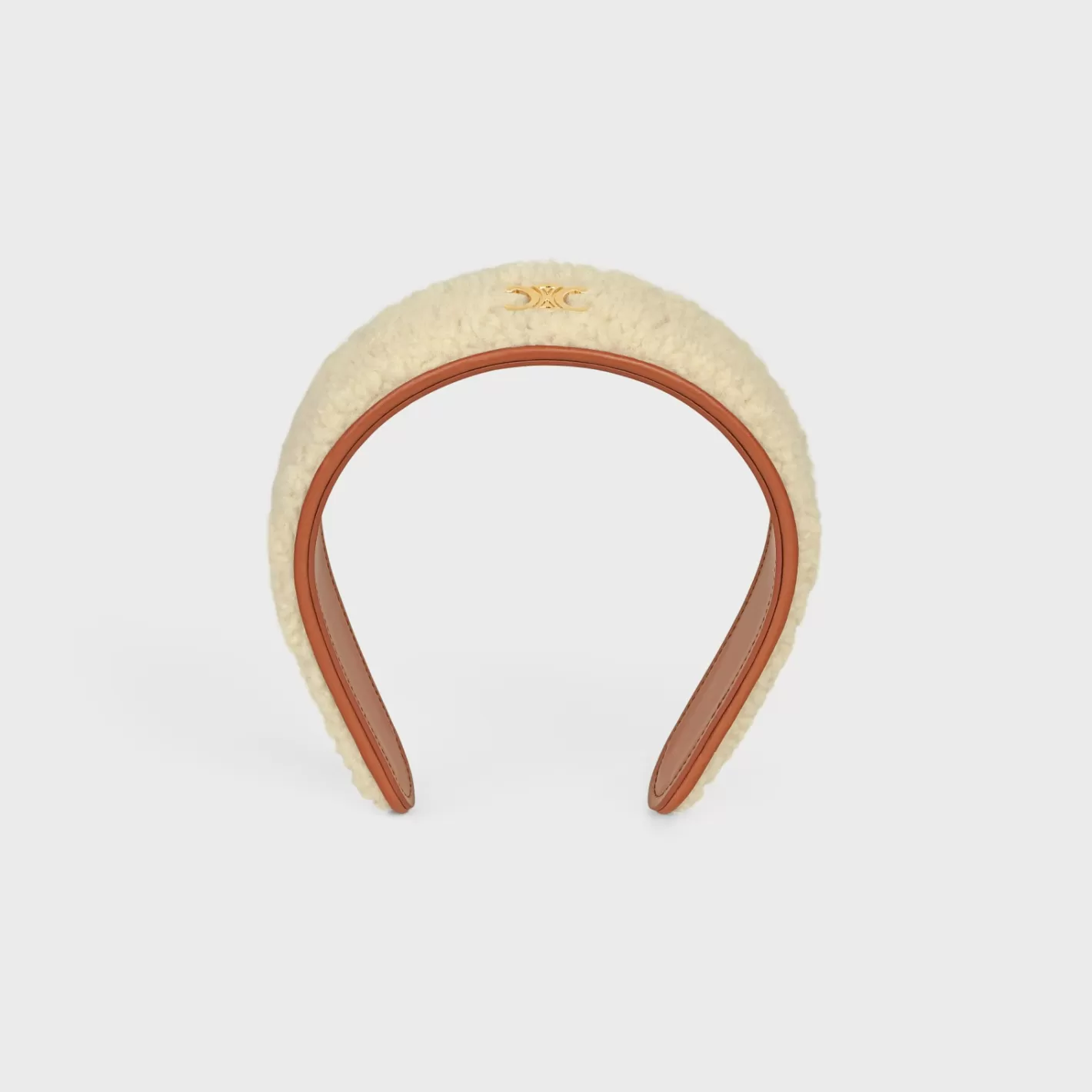 Best CELINE Triomphe Headband in Shearling, Calfskin and Brass with Gold Finish WHITE/TAN/GOLD