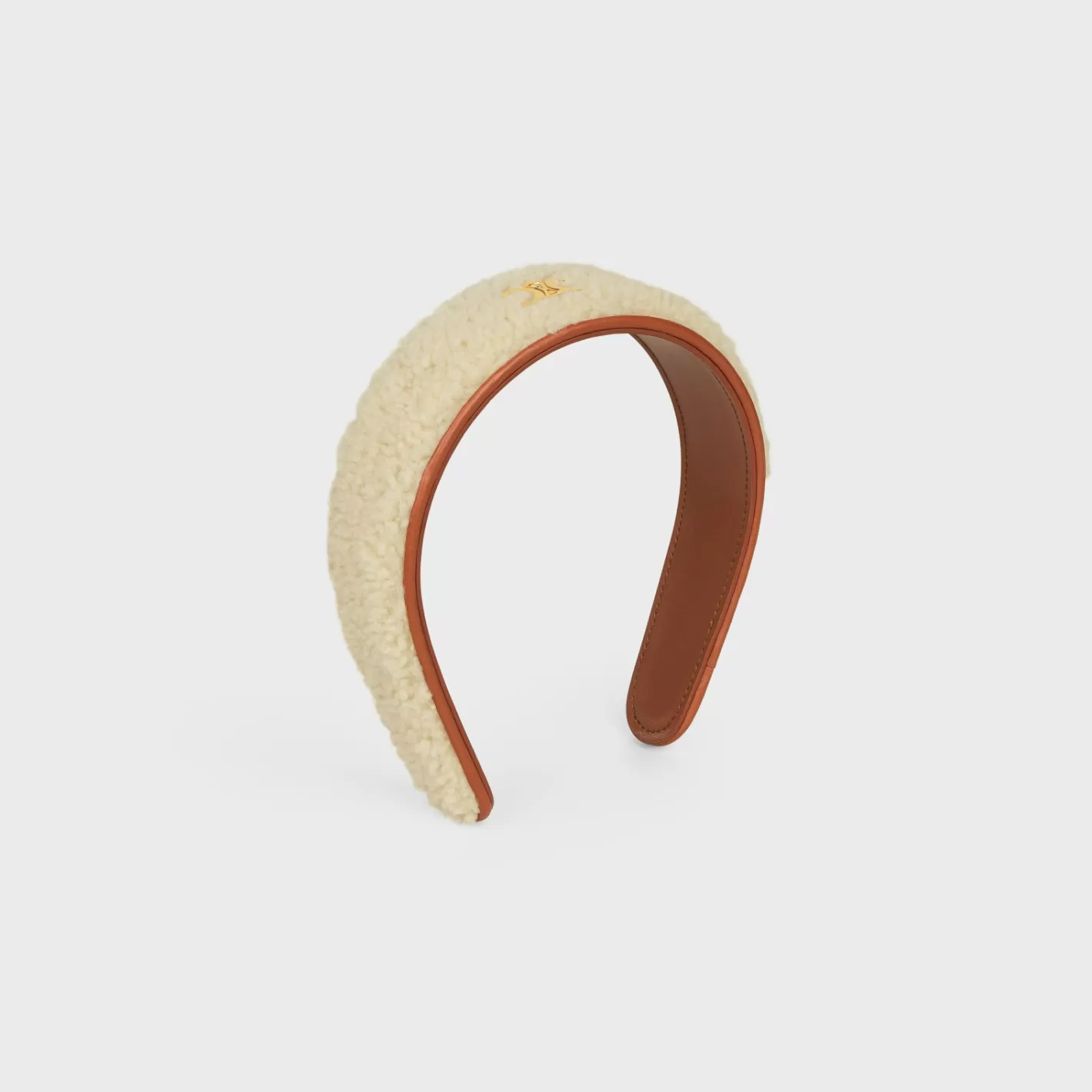 Best CELINE Triomphe Headband in Shearling, Calfskin and Brass with Gold Finish WHITE/TAN/GOLD