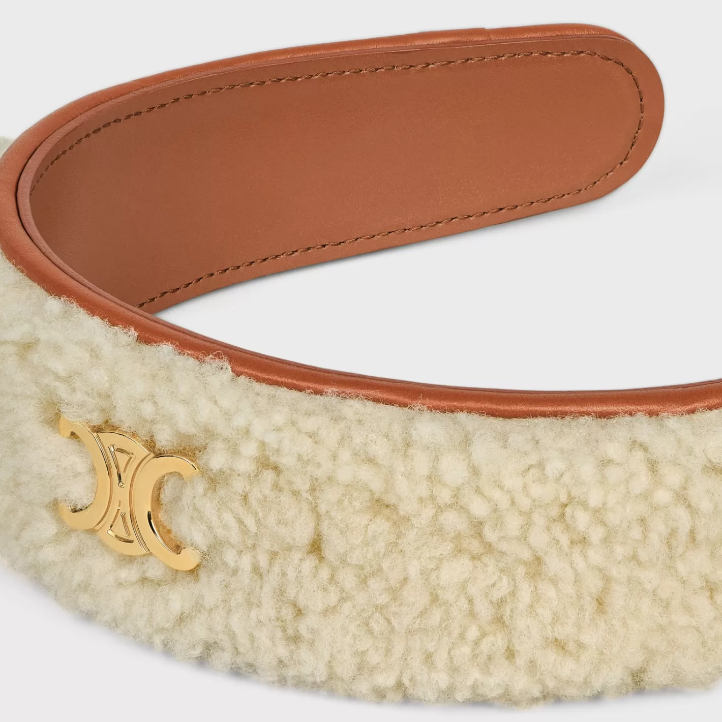 Best CELINE Triomphe Headband in Shearling, Calfskin and Brass with Gold Finish WHITE/TAN/GOLD