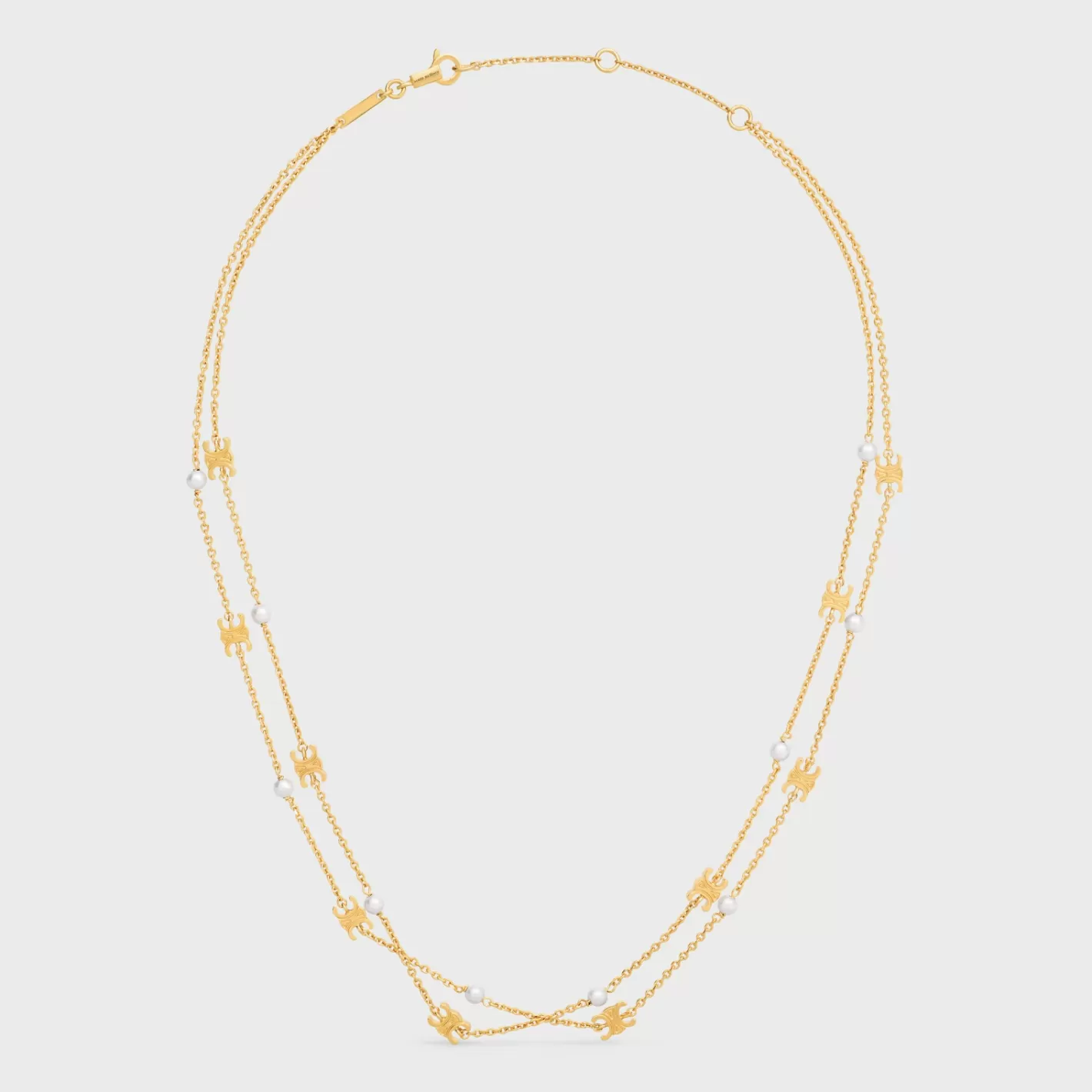 Shop CELINE Triomphe Pearl Double Necklace in Brass with Gold Finish and Resin Pearls GOLD/IVORY