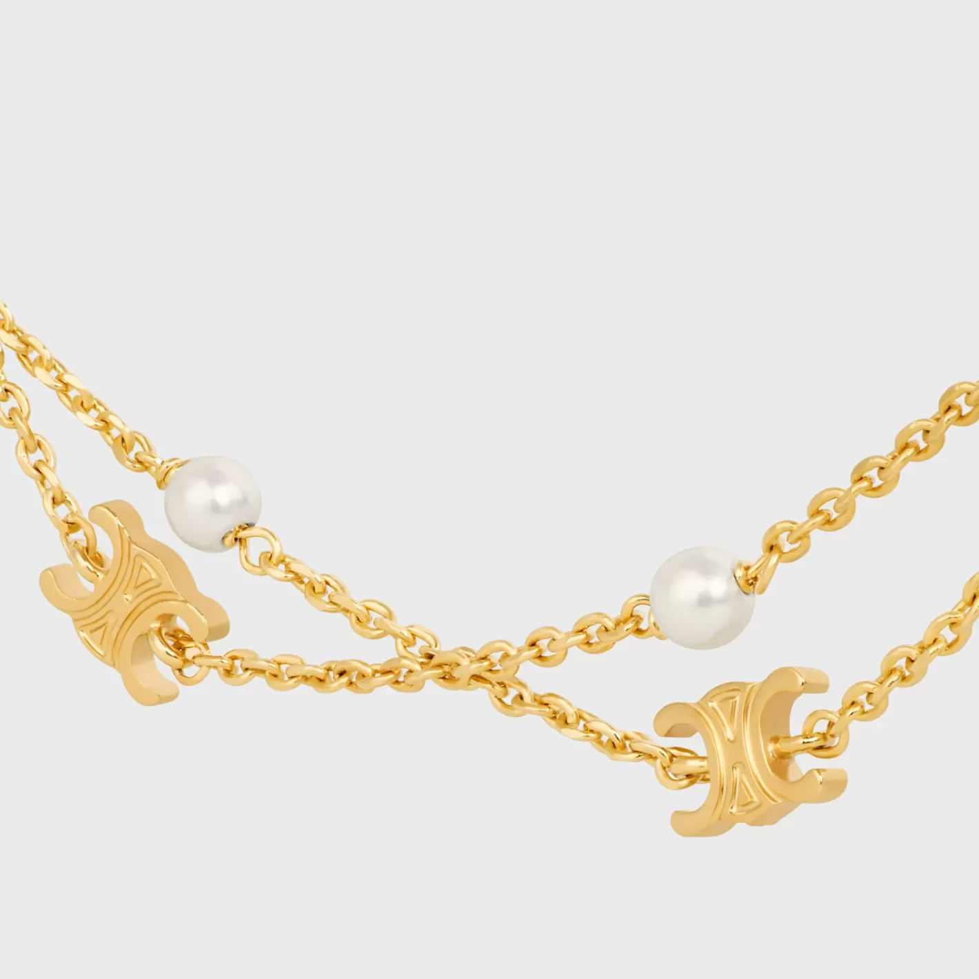 Shop CELINE Triomphe Pearl Double Necklace in Brass with Gold Finish and Resin Pearls GOLD/IVORY
