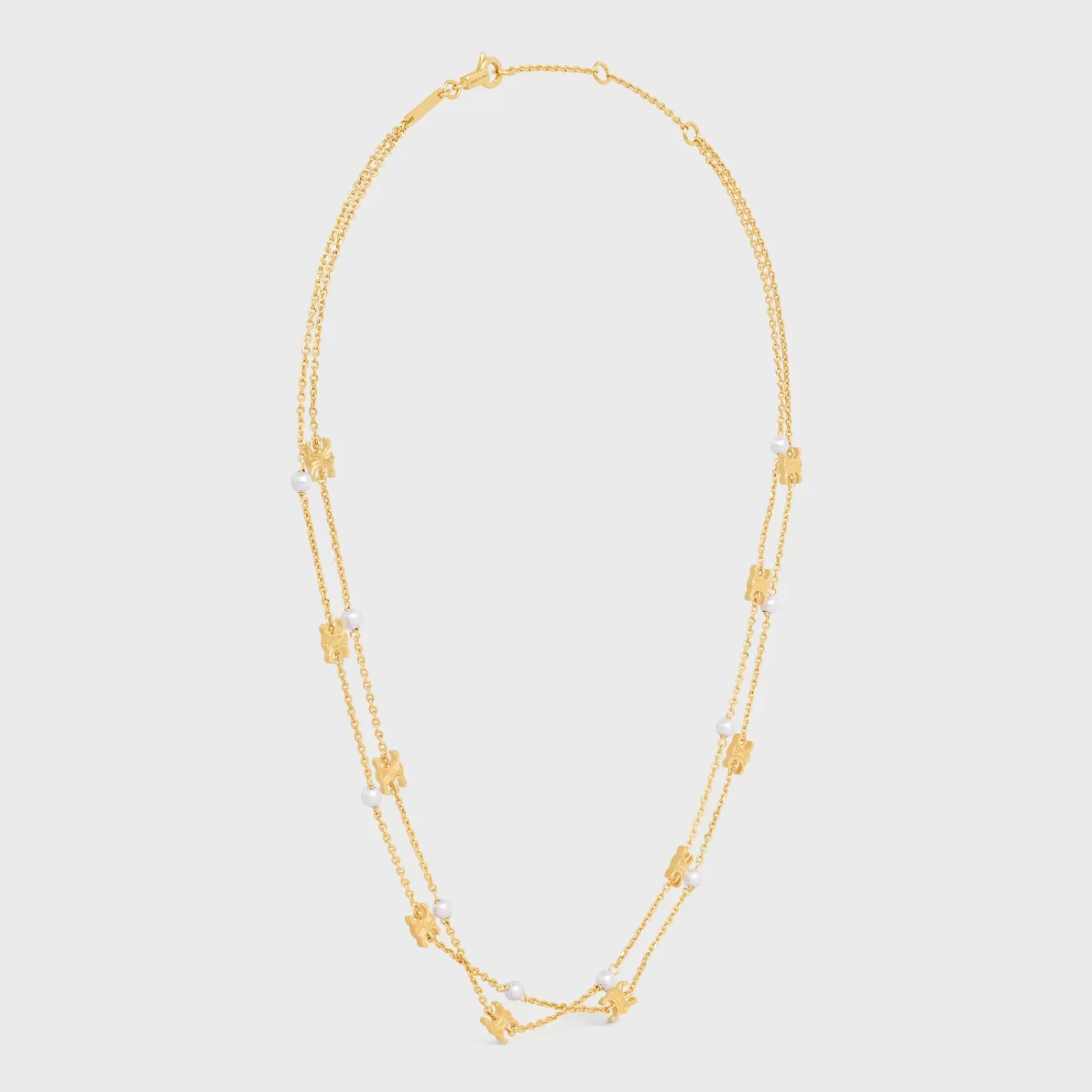 Shop CELINE Triomphe Pearl Double Necklace in Brass with Gold Finish and Resin Pearls GOLD/IVORY