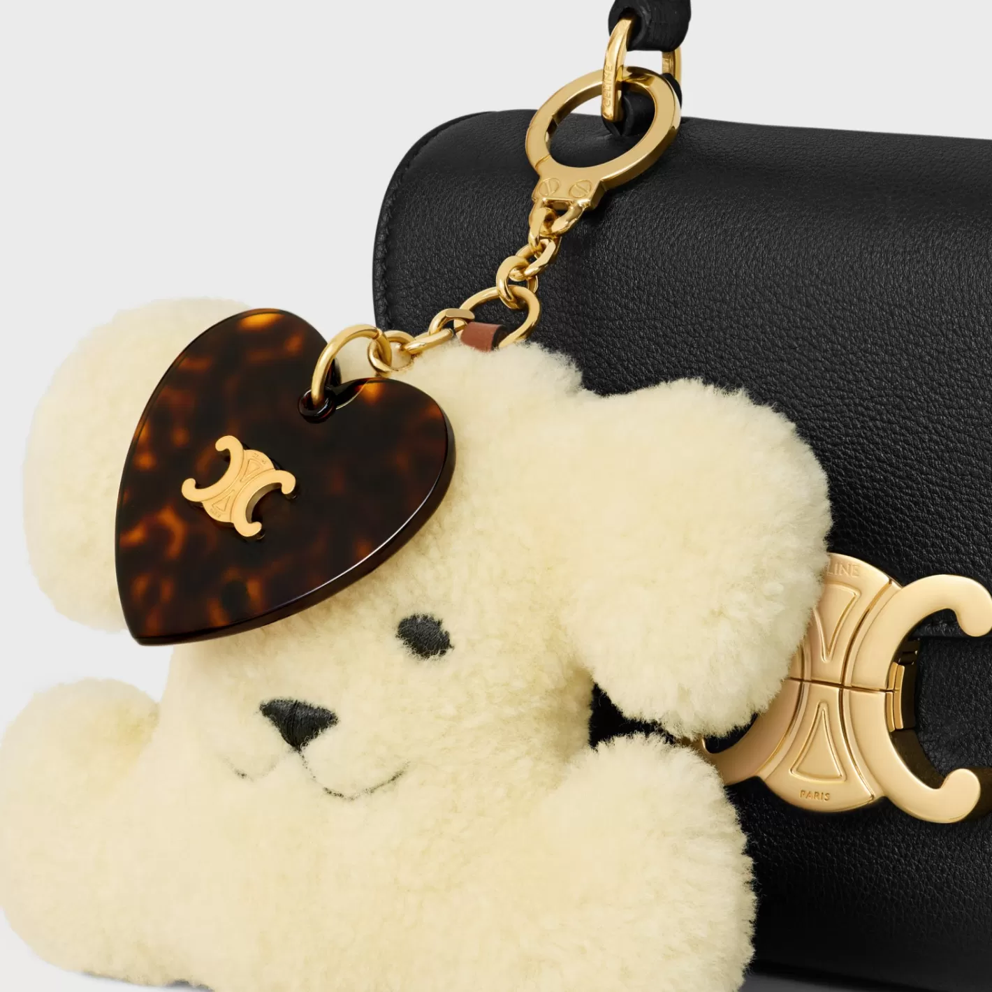 Clearance CELINE TRIOMPHE pom-pom keyring with heart in SHEARLING AND ACETATE with GOLD FINISHING NATURAL/TAN