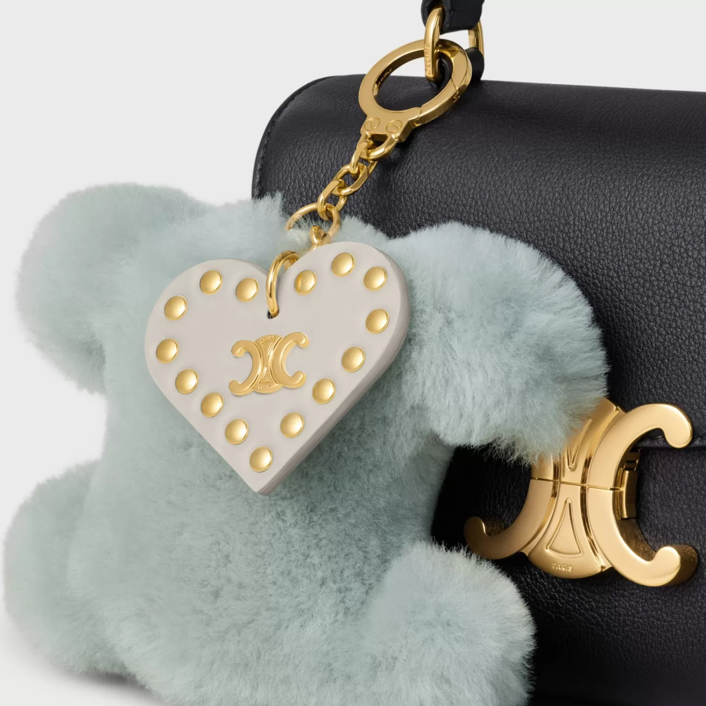 Online CELINE TRIOMPHE pom-pom keyring with HEART in SHEARLING AND CALFSKIN with GOLD FINISHING LightClay