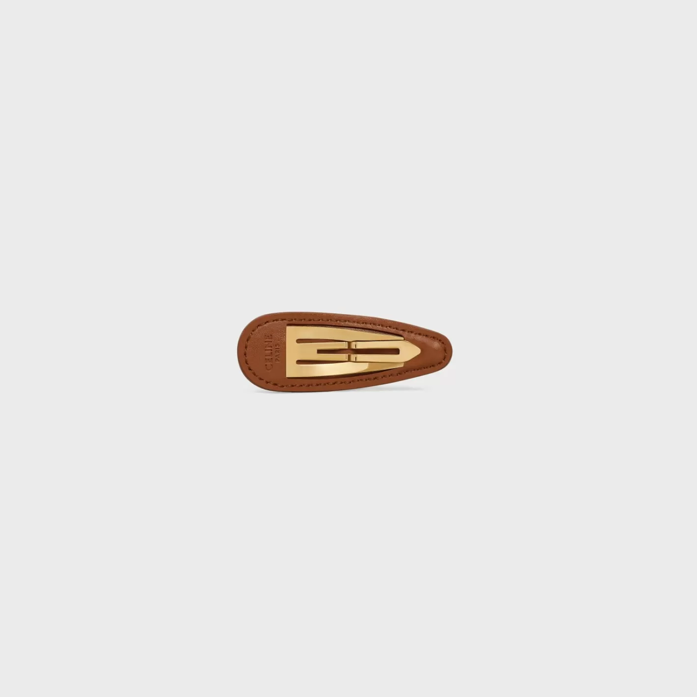 Sale CELINE Triomphe Snap Hair Clip in Calfskin, Brass with Gold Finish and Steel TAN/GOLD