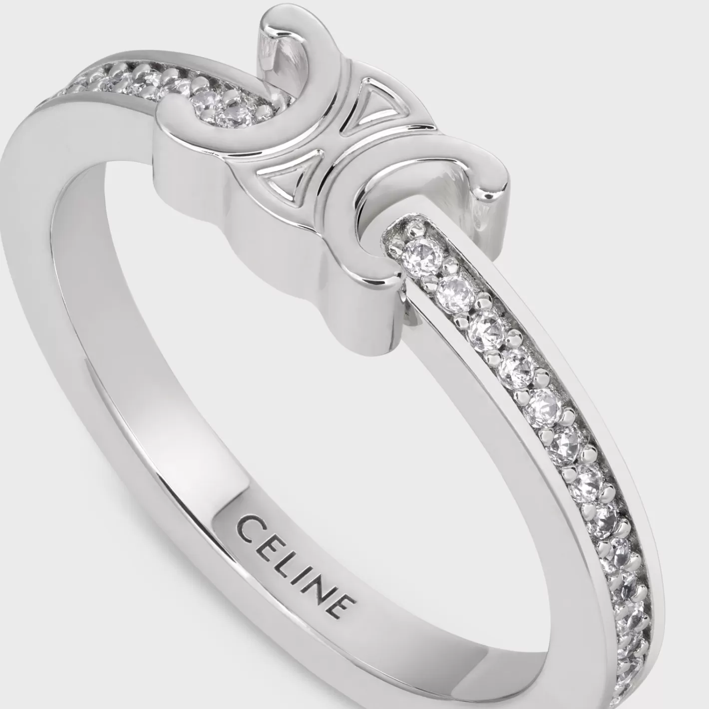 Fashion CELINE Triomphe Sparkle Ring in Strass and Brass with Rhodium Finish SILVER
