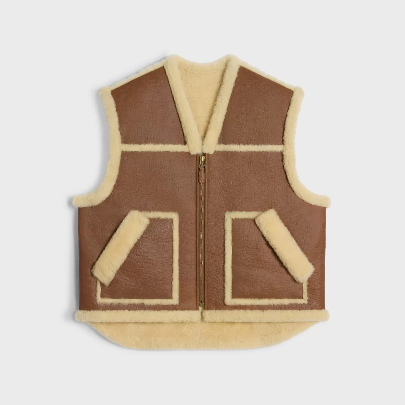 New CELINE vintage-finish vest in shearling TAN/CREAM